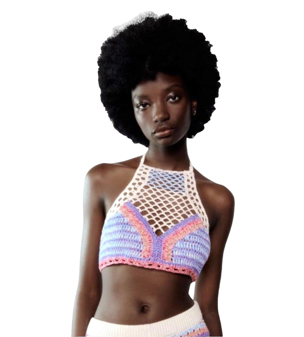 Zara Crochet Knit Halter Crop Top Summer Women's UK Size Large
