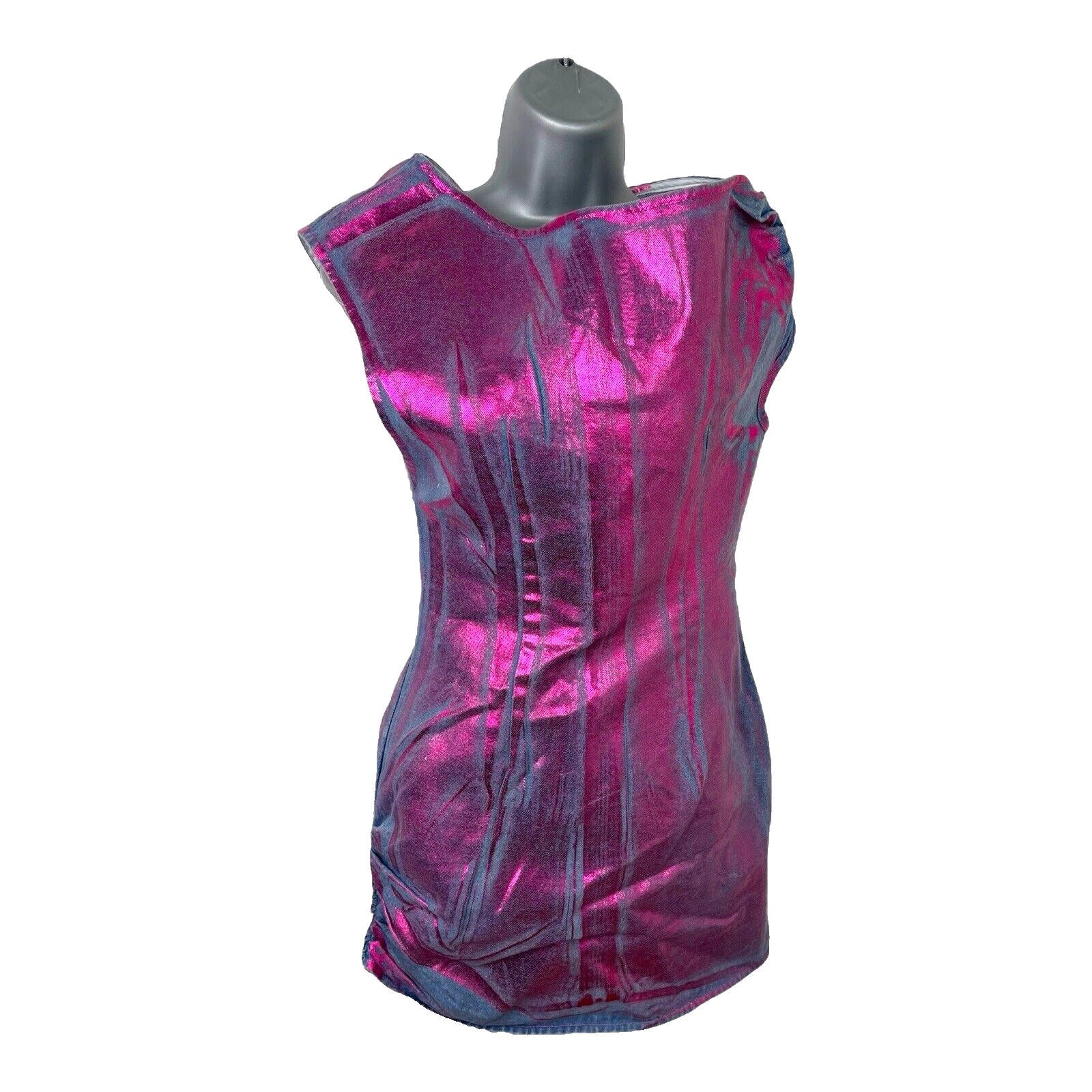 Denim Mini Dress Women’s UK Size XS Purple Coated Metallic Distressed Look Y2K
