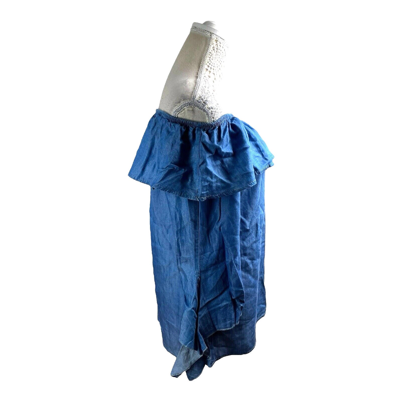 Quiz Off-Shoulder Blouse Women’s UK Size M-L Blue Denim Style Ruffle Long Sleeve