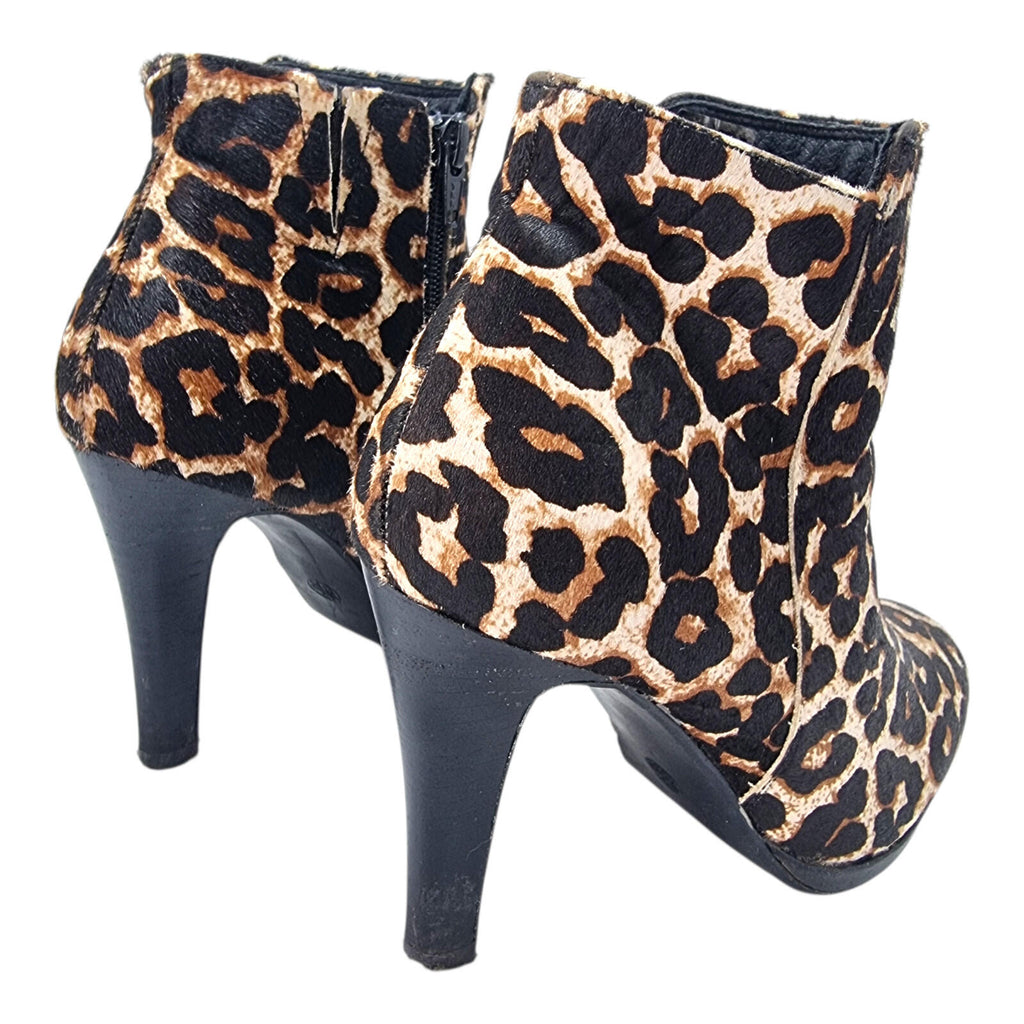Leopard Print Ankle Boots Women's UK Size 6.5 High Heeled Pony Hair Leather