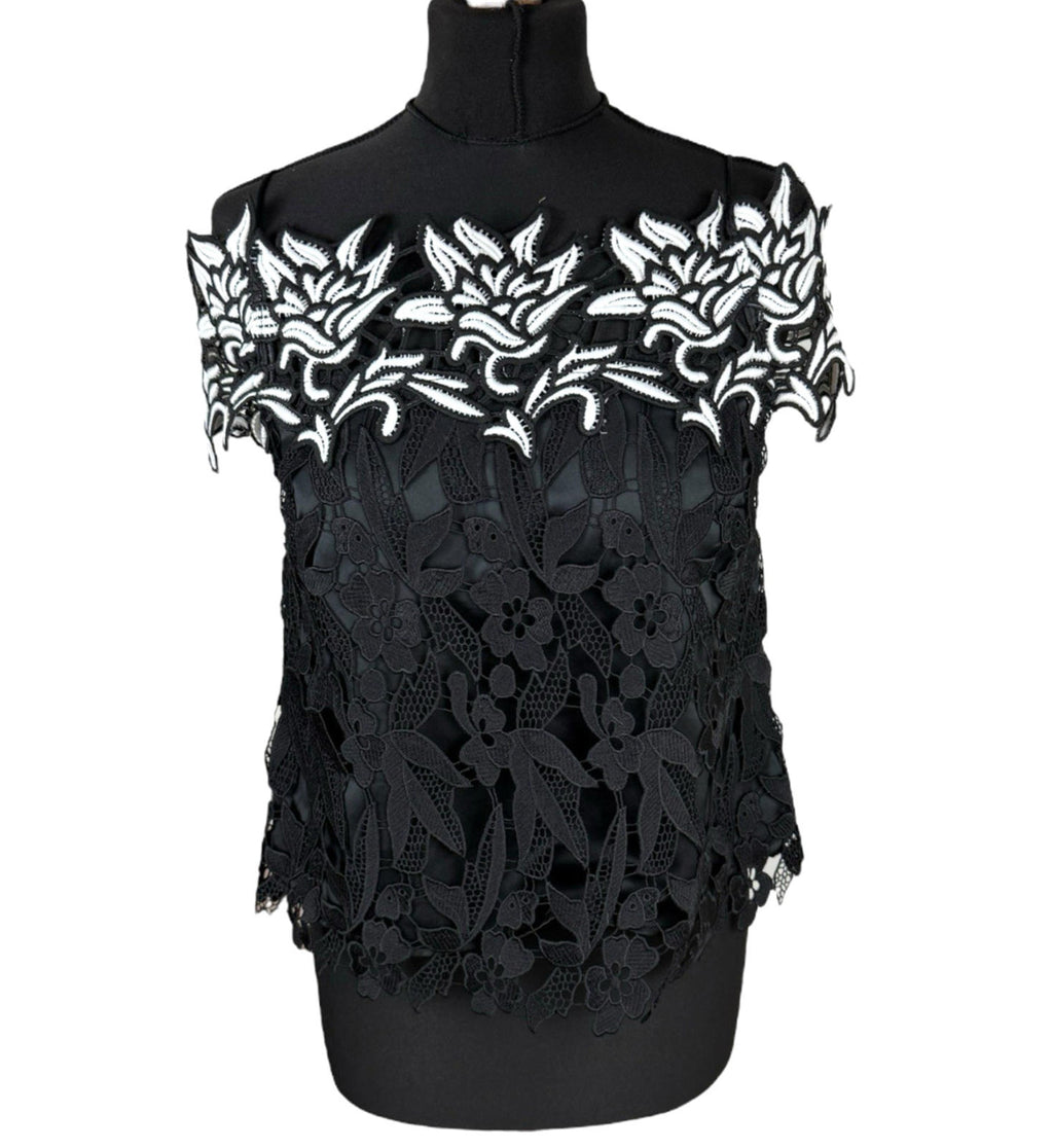 Topshop Black White Floral Lace Tank Top Strapping Sleeve Women’s UK Size 10