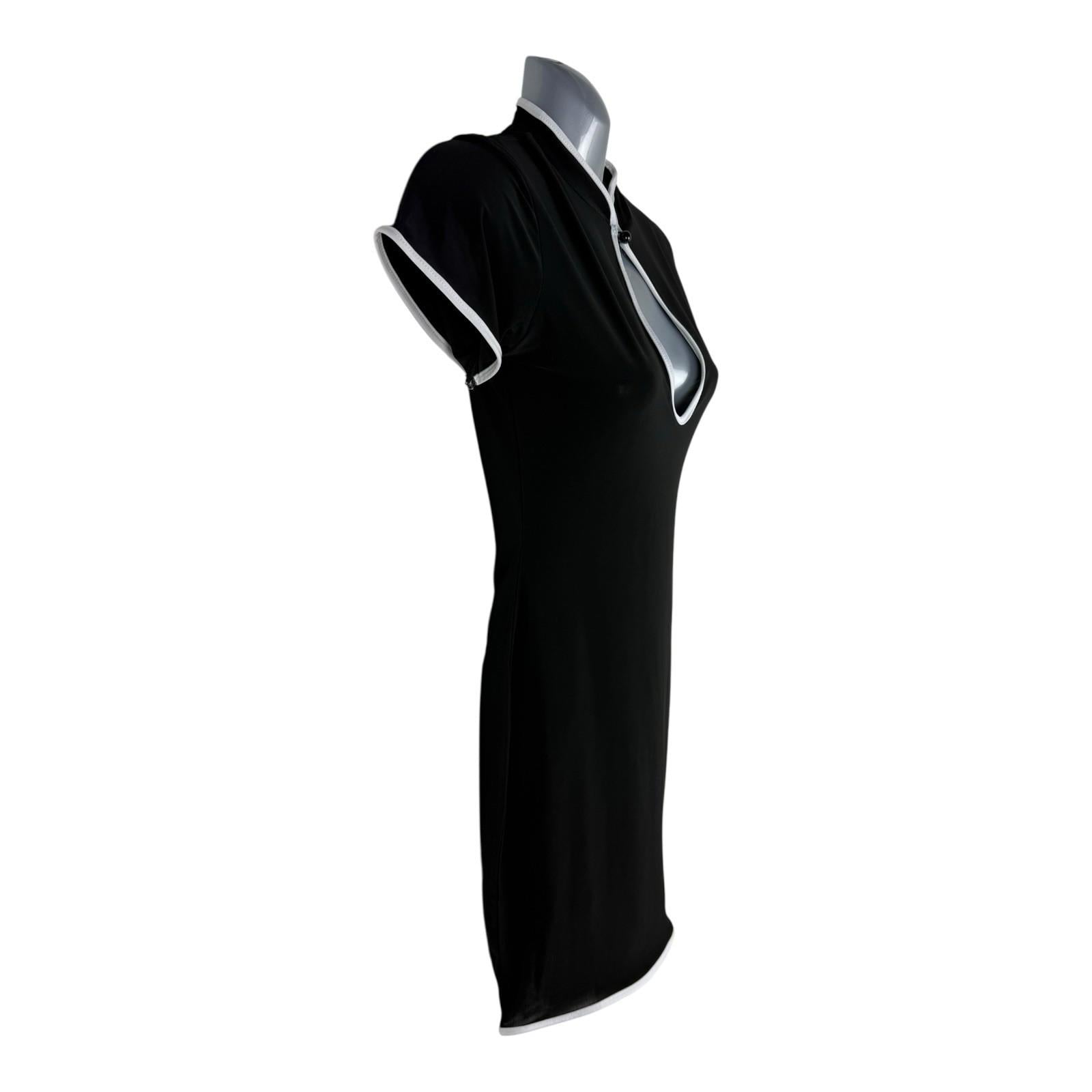 Global Black Mini Dress White Trim Low Cut Side Slit Women’s UK Size 8