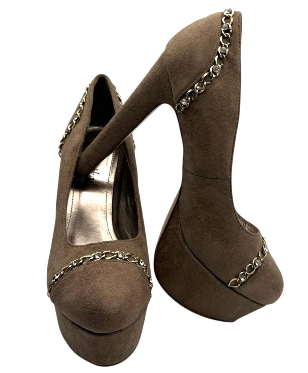 Mannika Platform Stiletto Women’s UK Size 6 Chain Dimante Detail Brown Suede