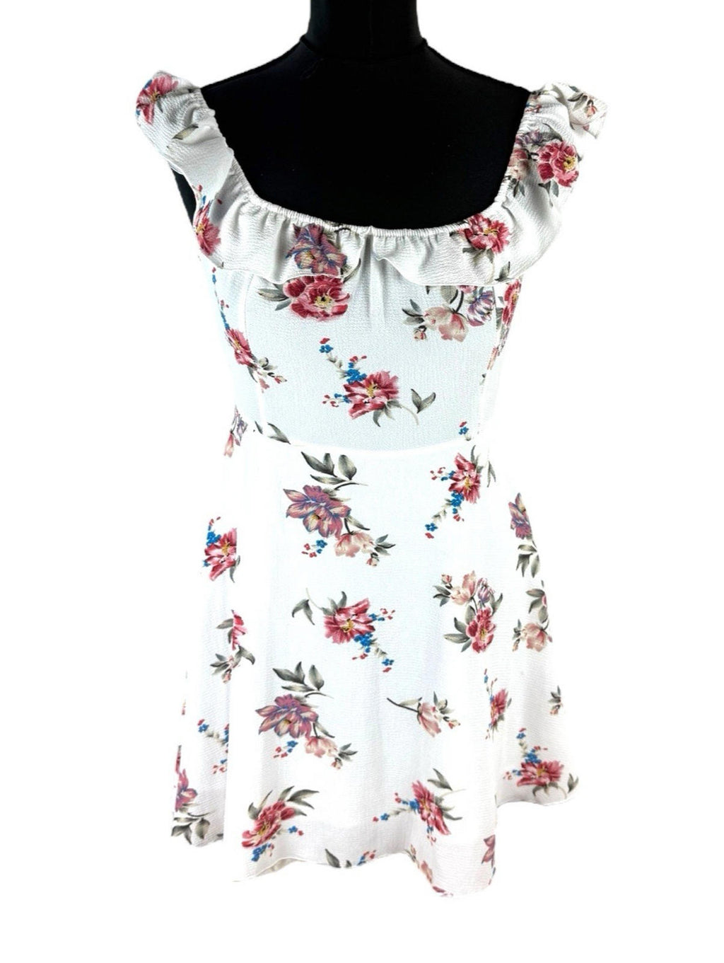 Floral Mini Dress Women’s UK Size L White Ruffle Square Neck Tie-Strap Open Back