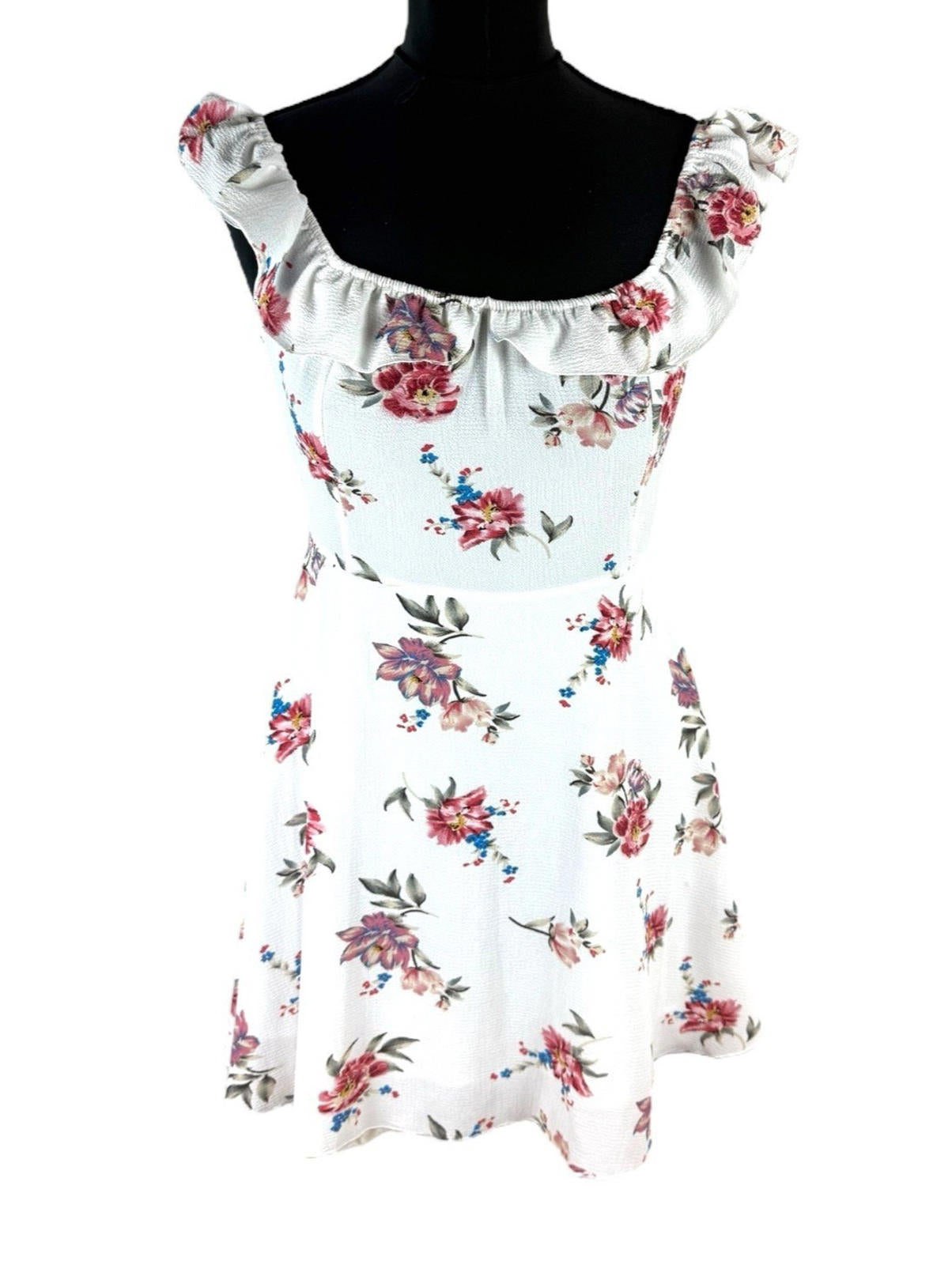 Floral Mini Dress Women’s UK Size L White Ruffle Square Neck Tie-Strap Open Back