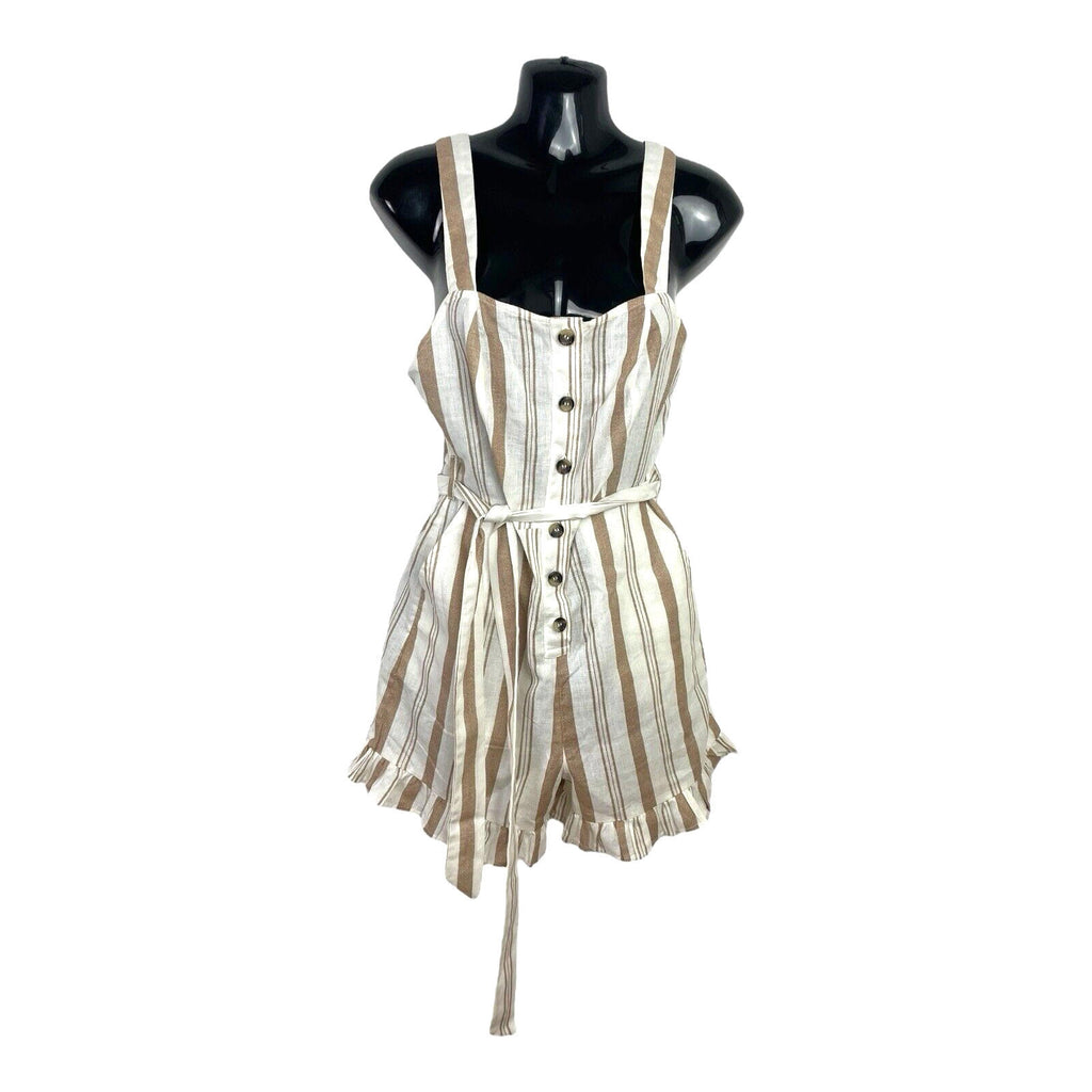 New Look White & Beige Stripe Playsuit Belted Pockets Women’s UK Size 6