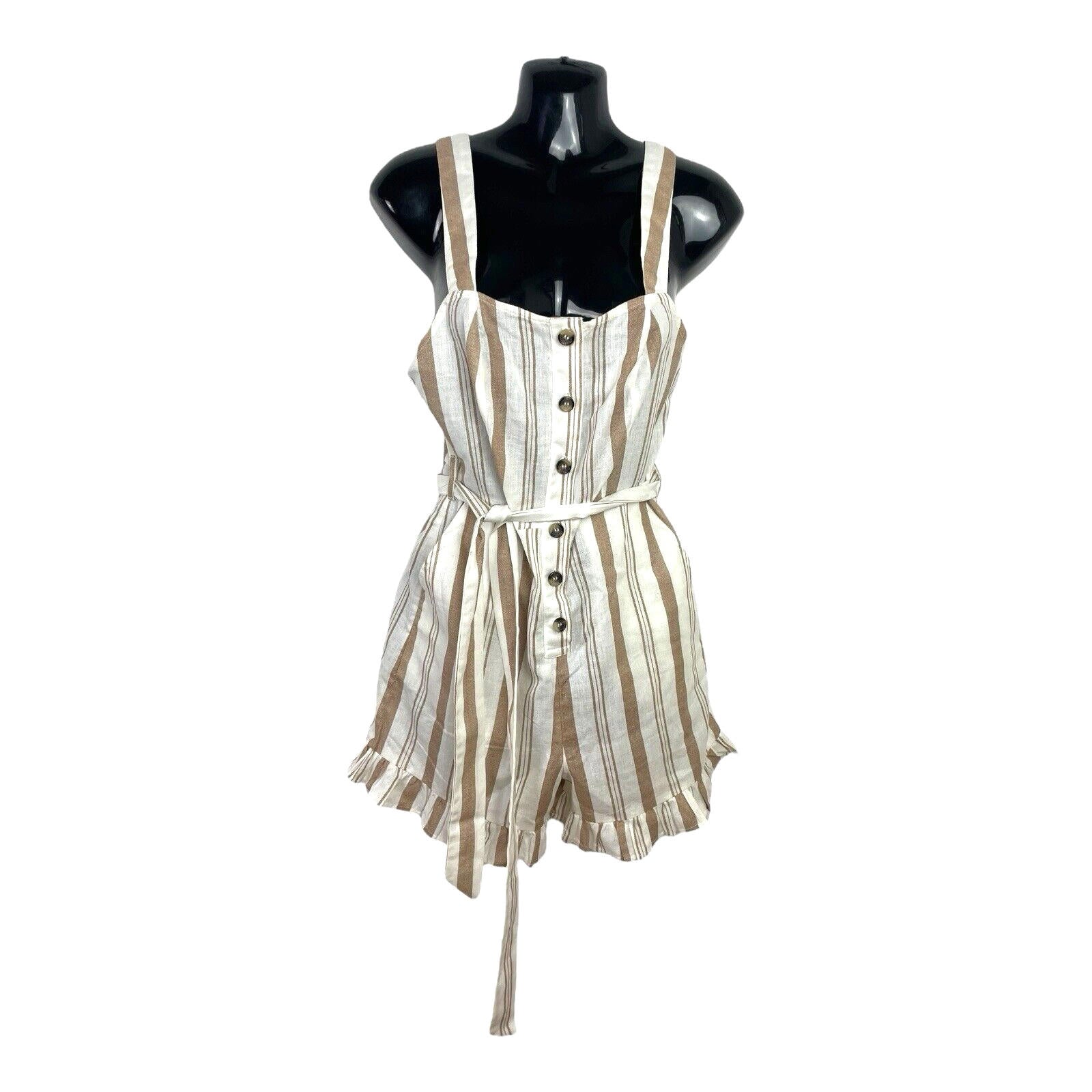 New Look White & Beige Stripe Playsuit Belted Pockets Women’s UK Size 6