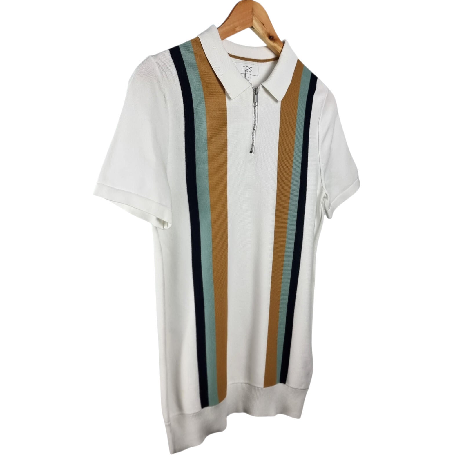Next Knit Polo Shirt Men's UK Size S Striped Short Sleeve 100% Cotton 1/4 Zip
