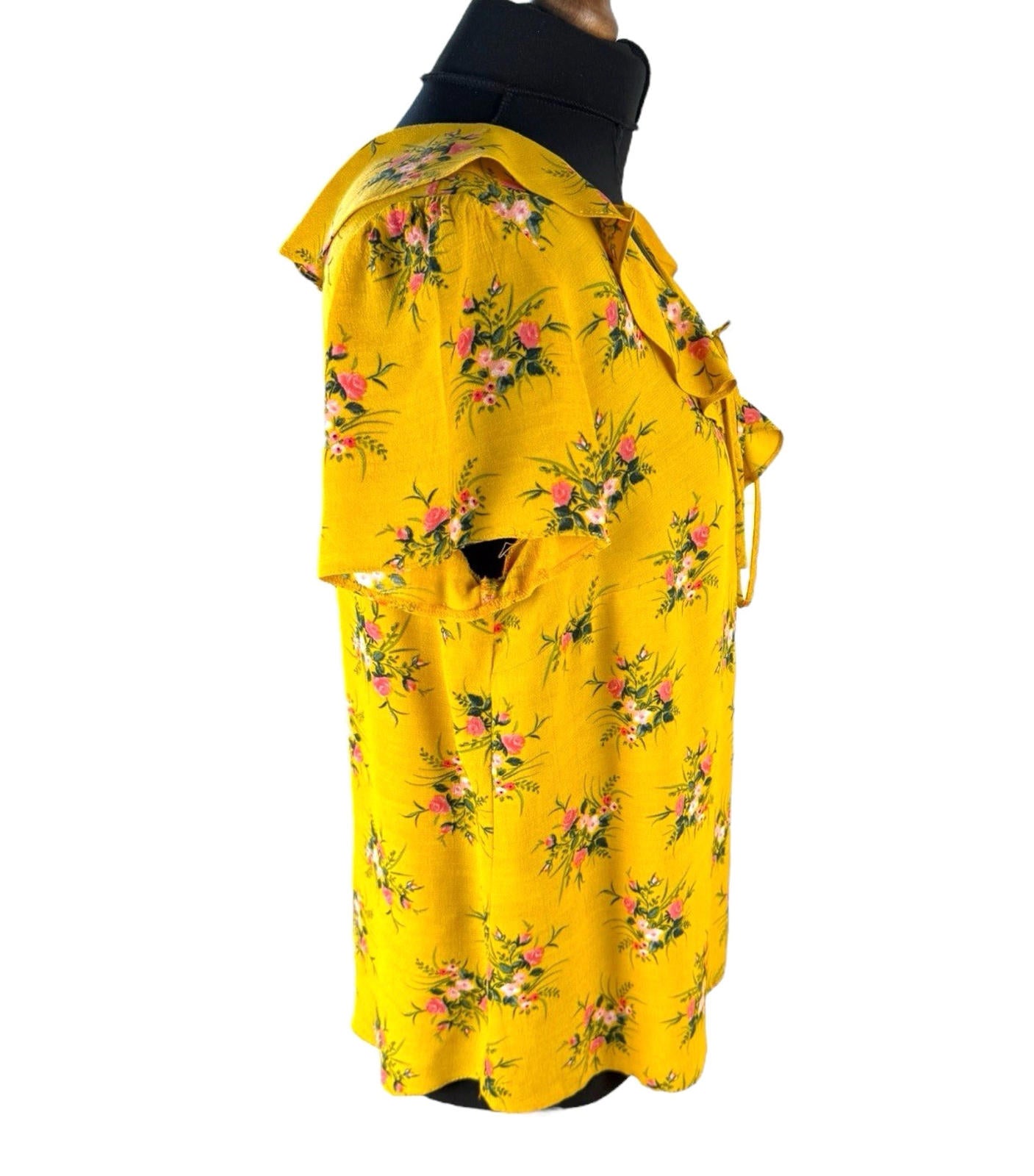 Dorothy Perkins Floral Blouse Women’s UK Size 14 Yellow Ruffle Collar Tie Neck