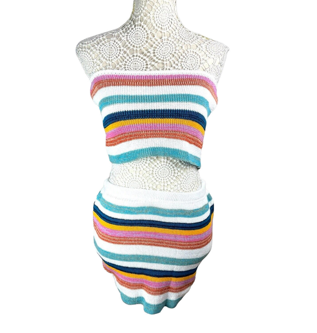 Striped Crochet Knit Two-Piece Set Women’s UK Size 8 Bandeau Crop Top & Skirt