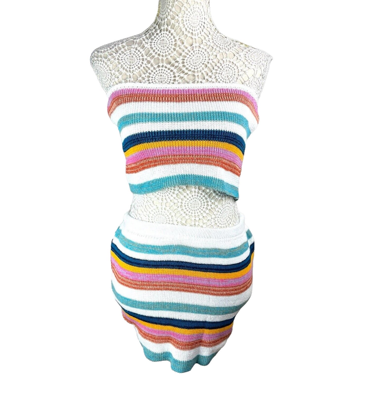 Striped Crochet Knit Two-Piece Set Women’s UK Size 8 Bandeau Crop Top & Skirt