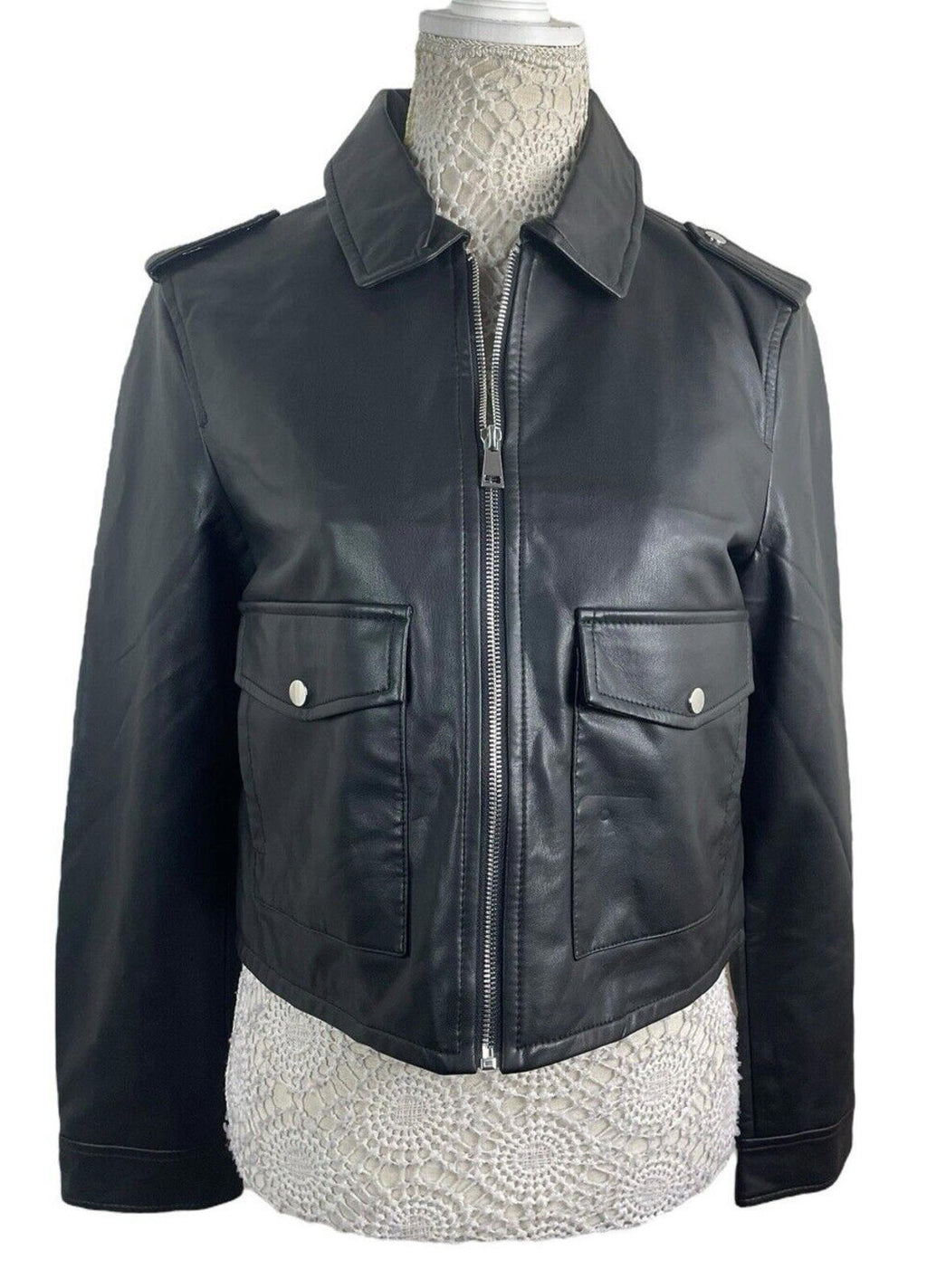 Stradivarius Black Faux Leather Jacket Mid Length Women’s UK Size S