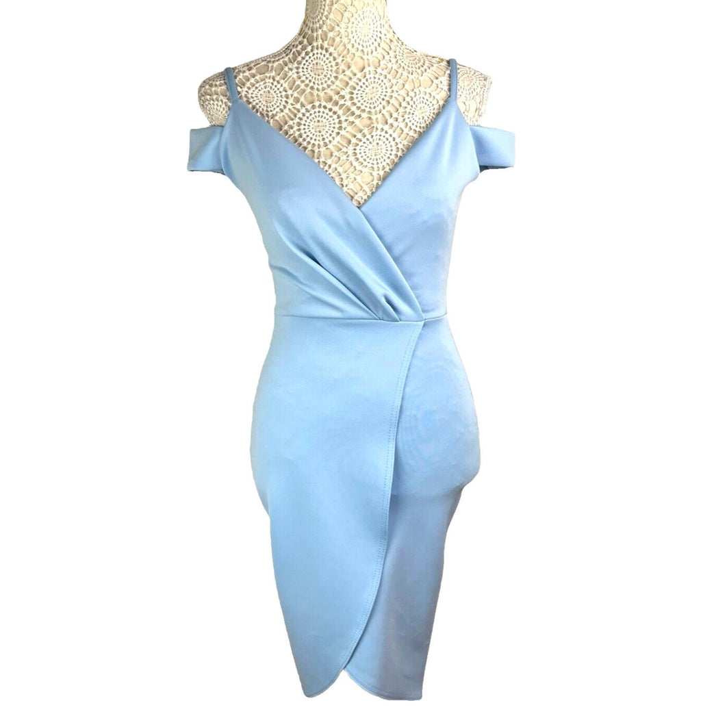 Be Jealous Bodycon Midi Dress Women's UK Size 6 Baby Blue Wrap-Style Cross-Front