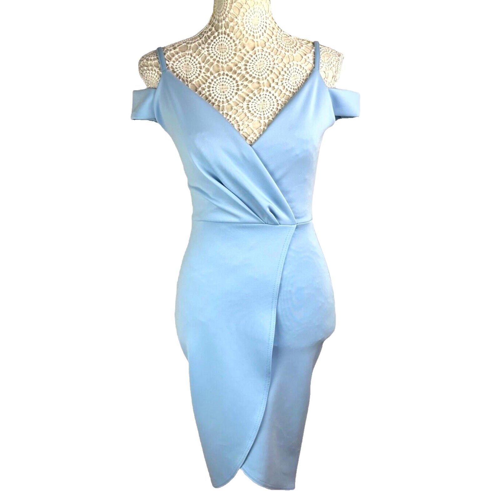 Be Jealous Bodycon Midi Dress Women's UK Size 6 Baby Blue Wrap-Style Cross-Front