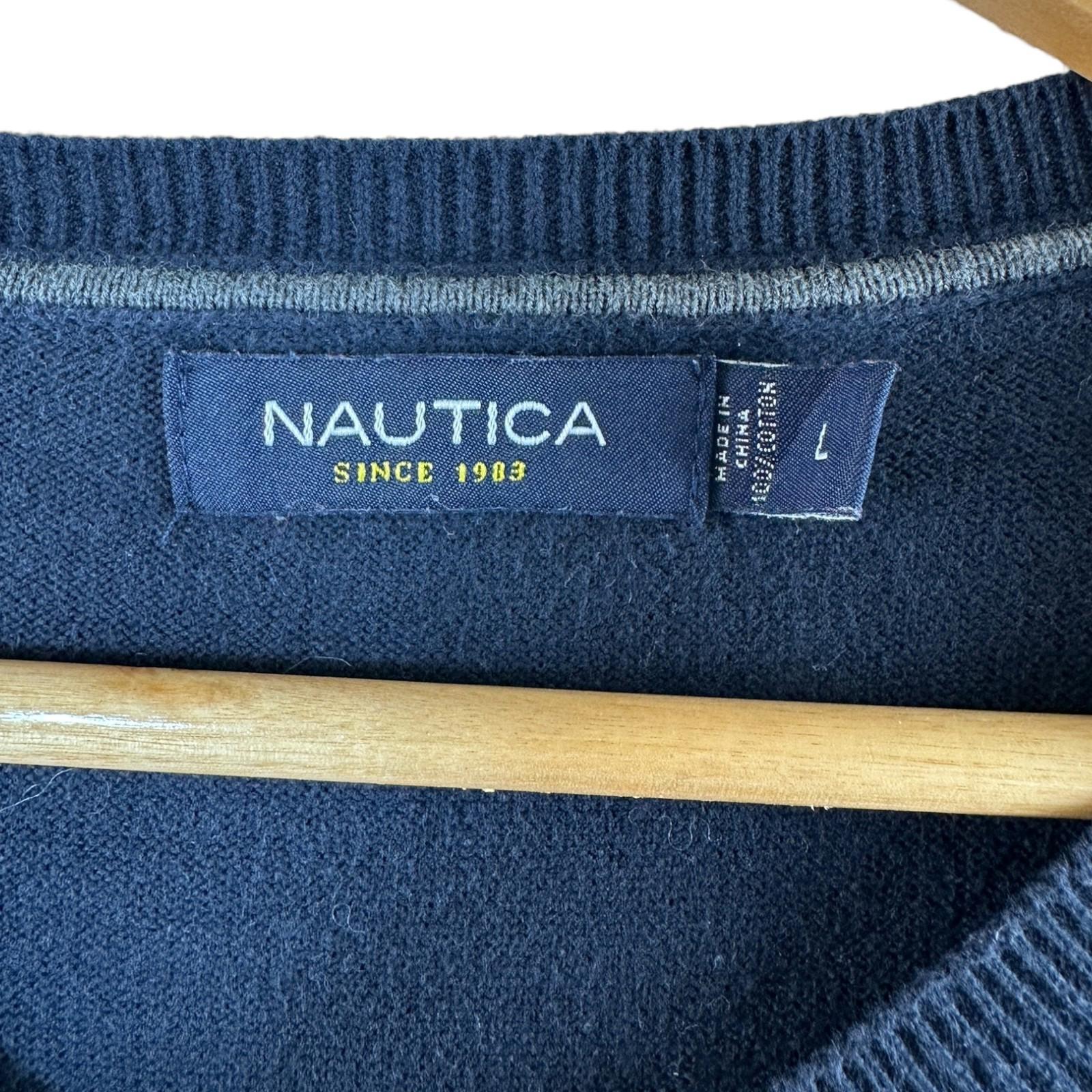 Nautica Knit Jumper Men's UK Size L Blue V-Neck Long Sleeve 100% Cotton