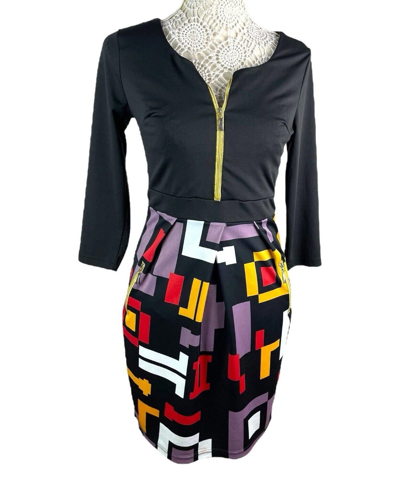 Miusol Retro Look Mini Dress Long Sleeve Zip Front Women’s UK Size M