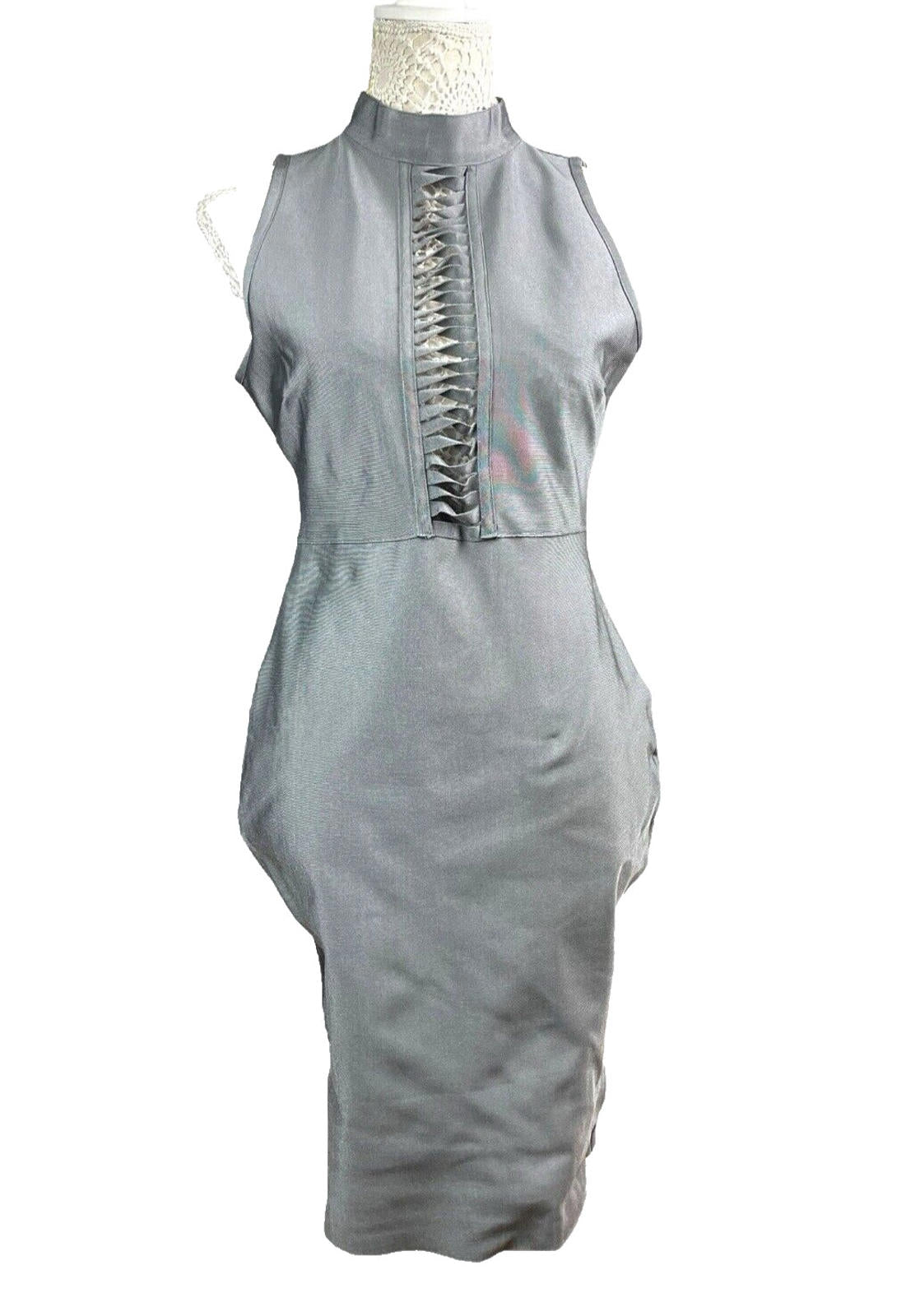 Missguided Silver Shimmer Midi Dress Shaping High Neck Women’s UK Size 12