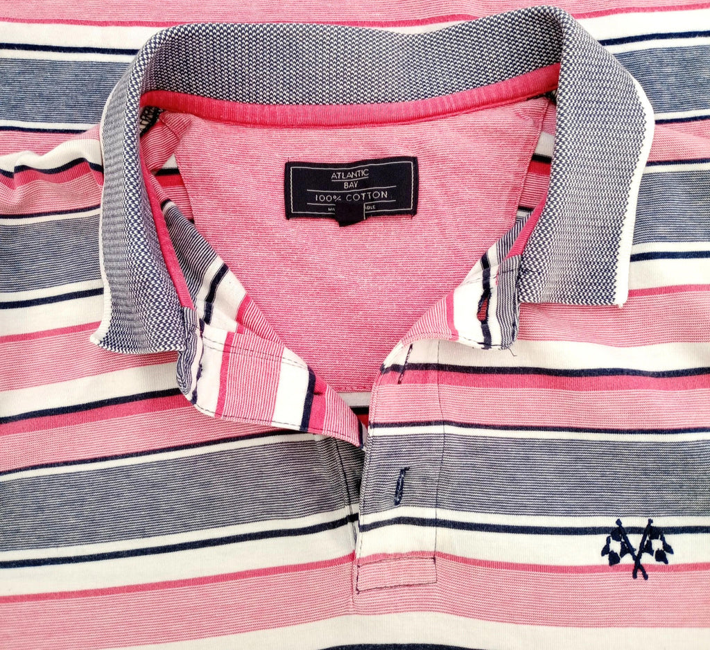 BHS Striped Polo Shirt Men's UK Size M Pink Grey 100% Cotton Embroidered Logo