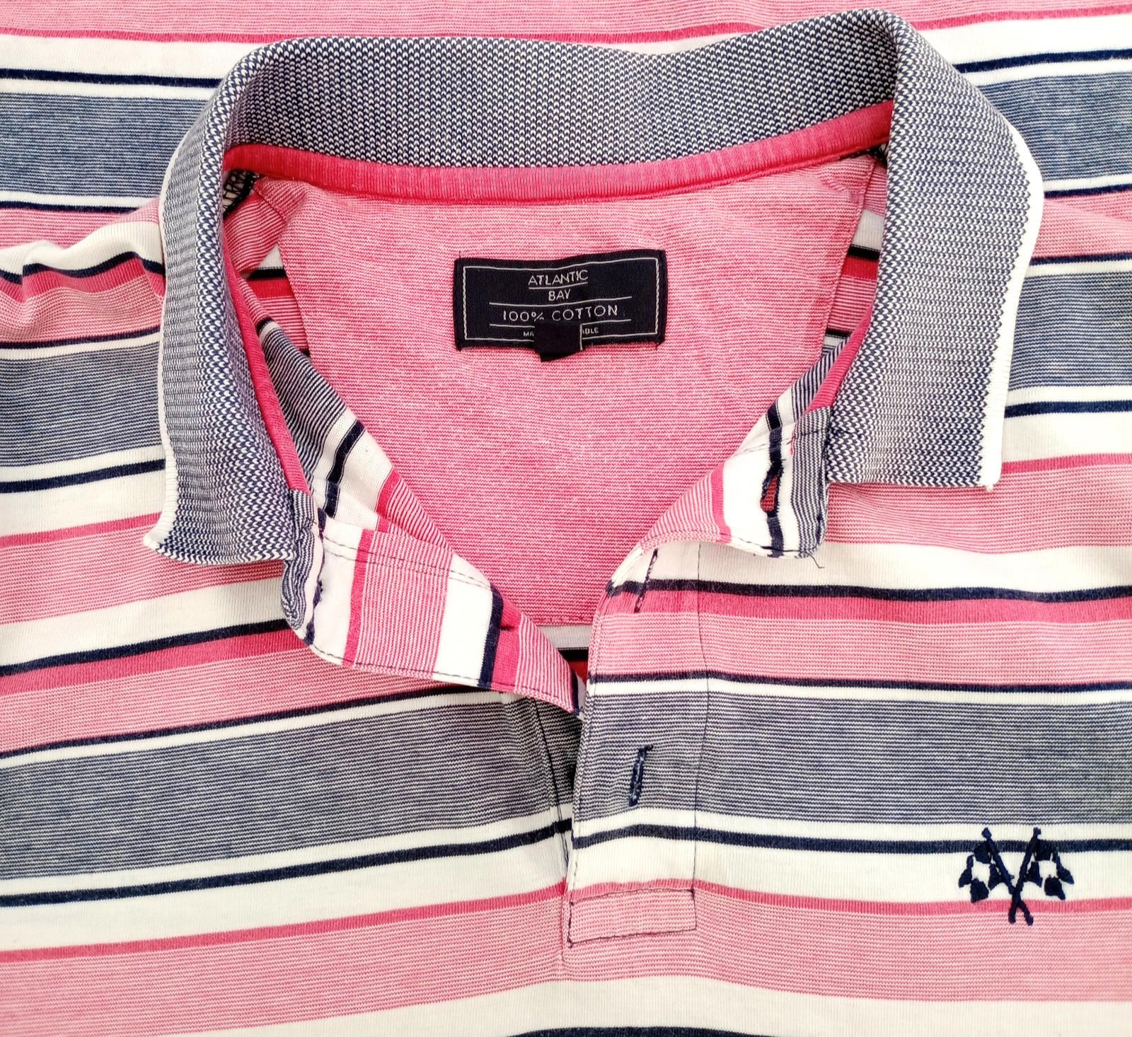 BHS Striped Polo Shirt Men's UK Size M Pink Grey 100% Cotton Embroidered Logo