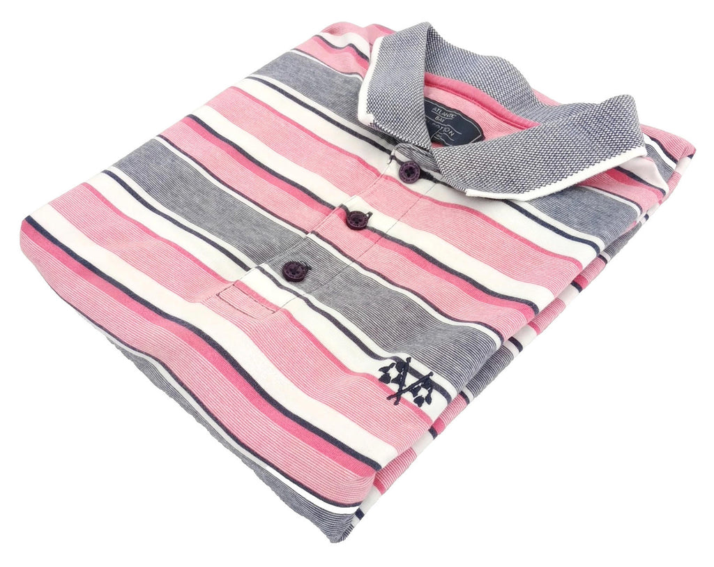 BHS Striped Polo Shirt Men's UK Size M Pink Grey 100% Cotton Embroidered Logo