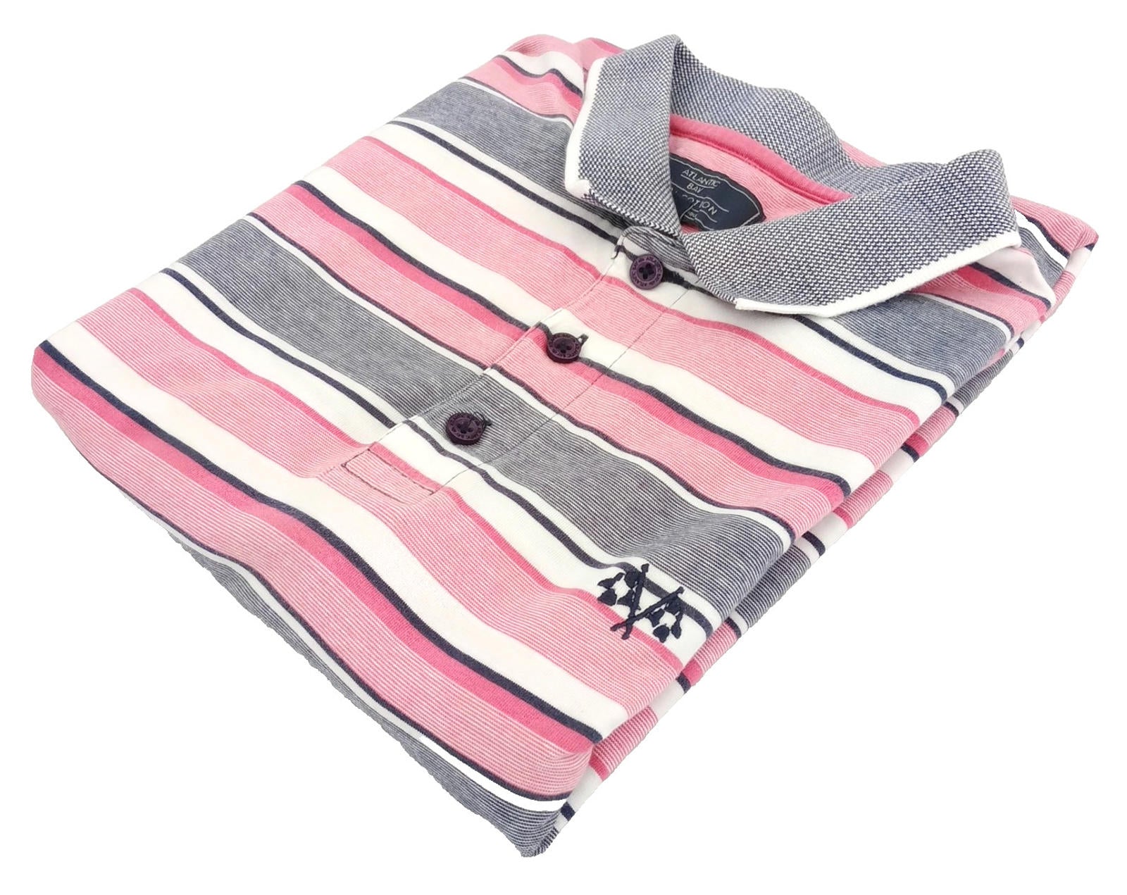 BHS Striped Polo Shirt Men's UK Size M Pink Grey 100% Cotton Embroidered Logo