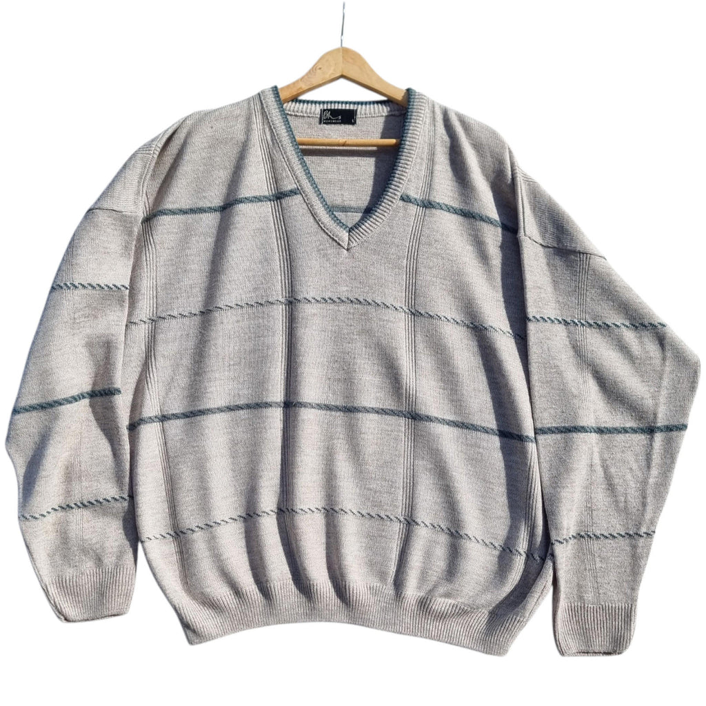 BHS Knit Jumper Men's UK Size L Beige Striped 100% Acrilic V-Neck