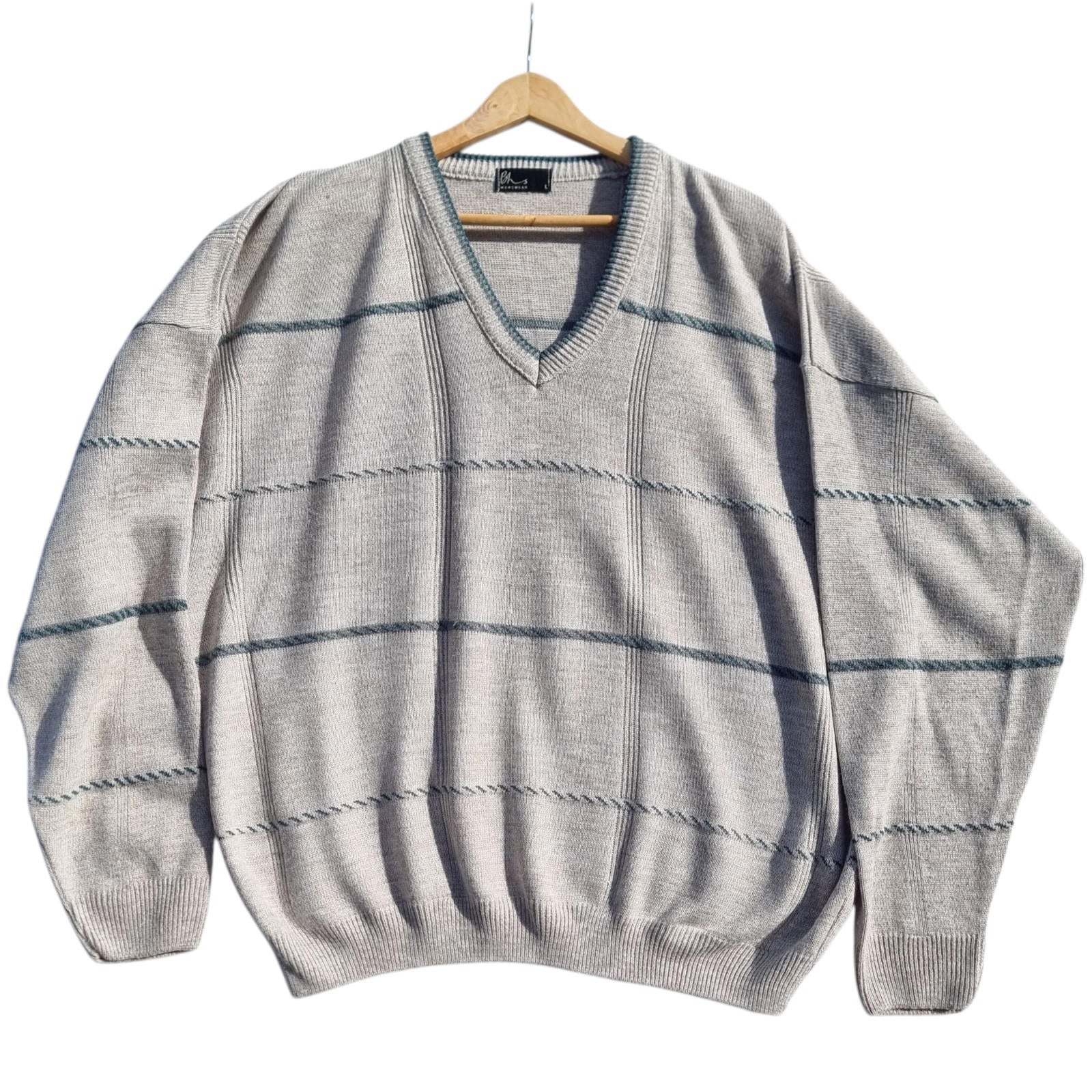BHS Knit Jumper Men's UK Size L Beige Striped 100% Acrilic V-Neck