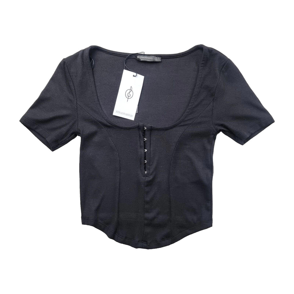 Stradivarius Crop Top Ribbed Black Clasp Fasten Women's UK Size XS