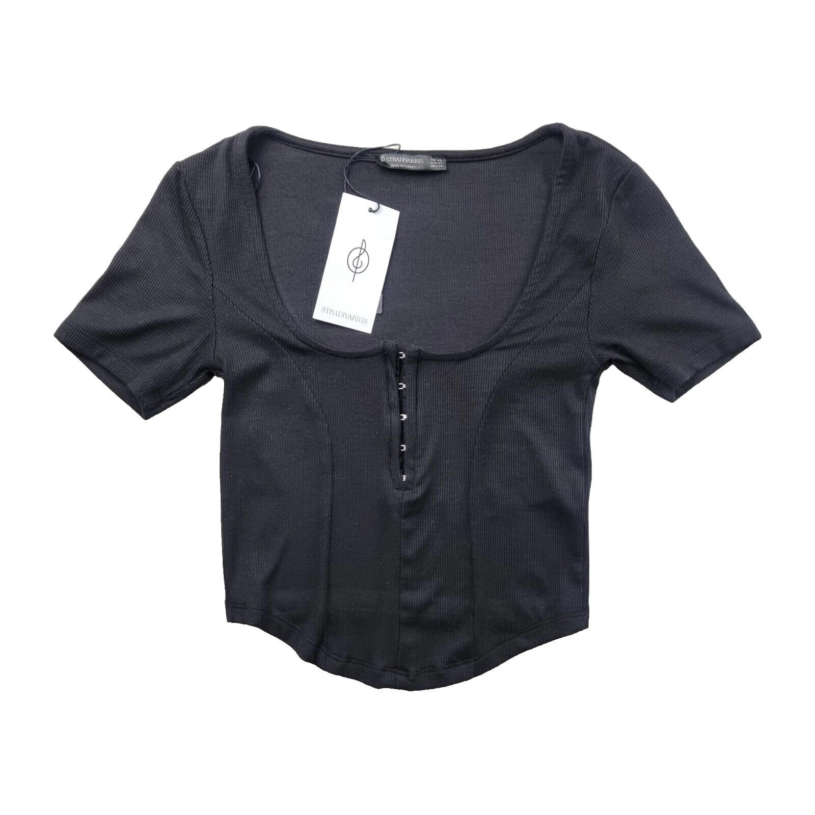 Stradivarius Crop Top Ribbed Black Clasp Fasten Women's UK Size XS