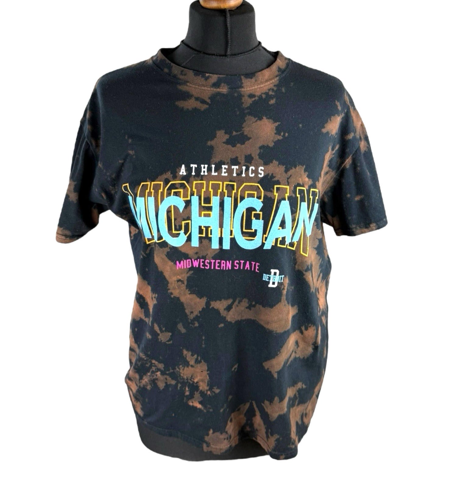 Tie-Dye Graphic Print T-Shirt Women’s UK Size S Black Brown Michigan Crew Neck