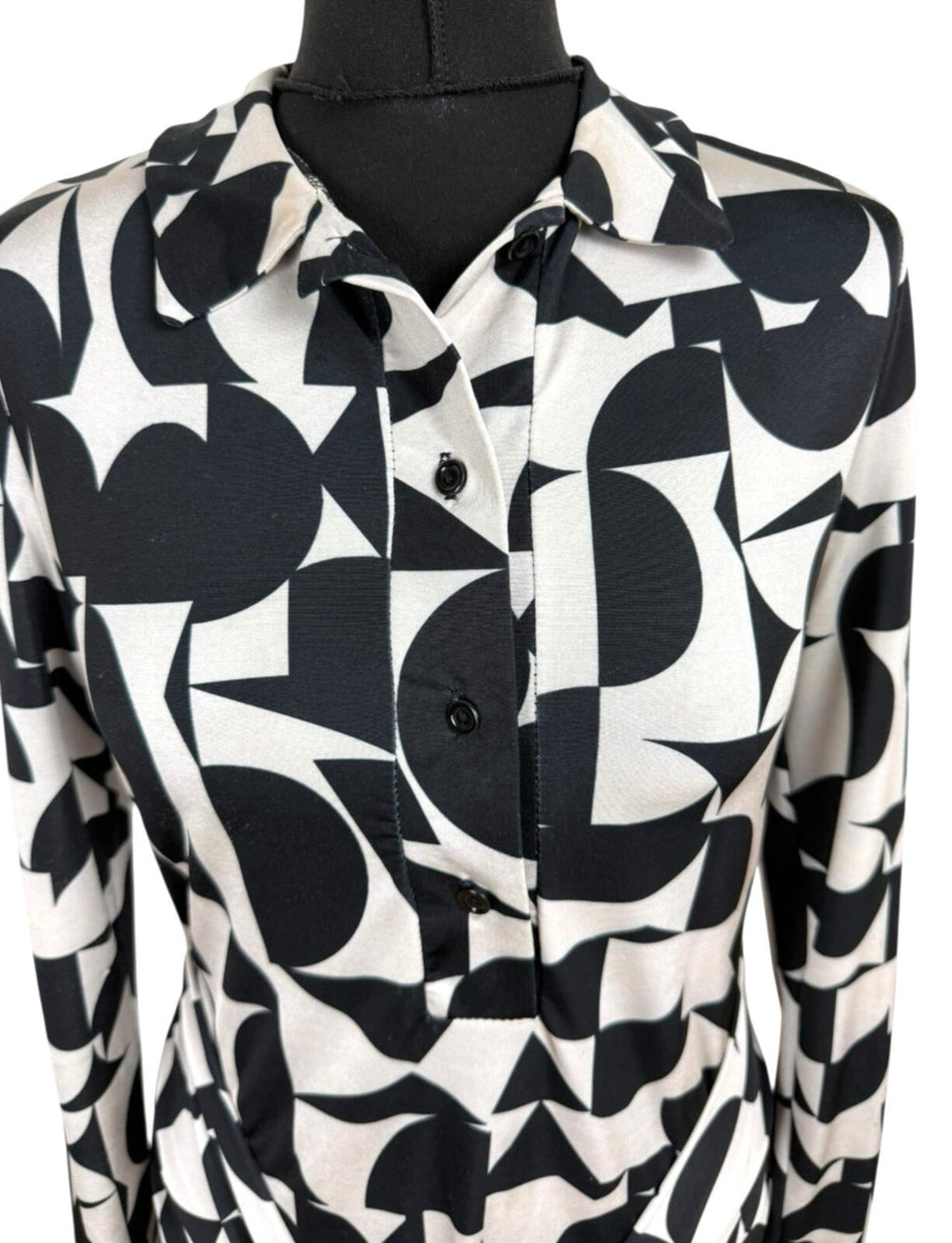 River Island Blouse Women’s UK Size 10 Black White Graphic Print Belted Collared