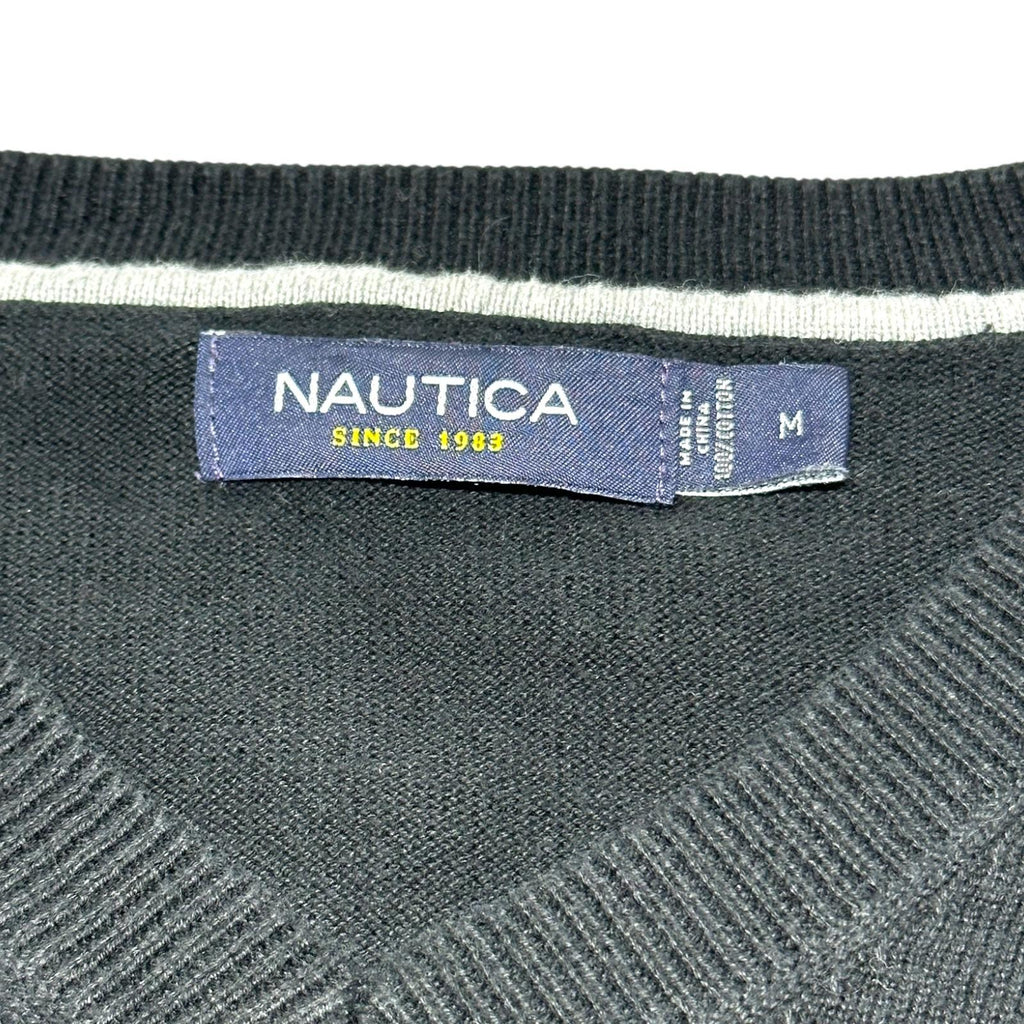 Nautica Knit Jumper Men's UK Size XL Black Long Sleeve 100% Cotton V-Neck