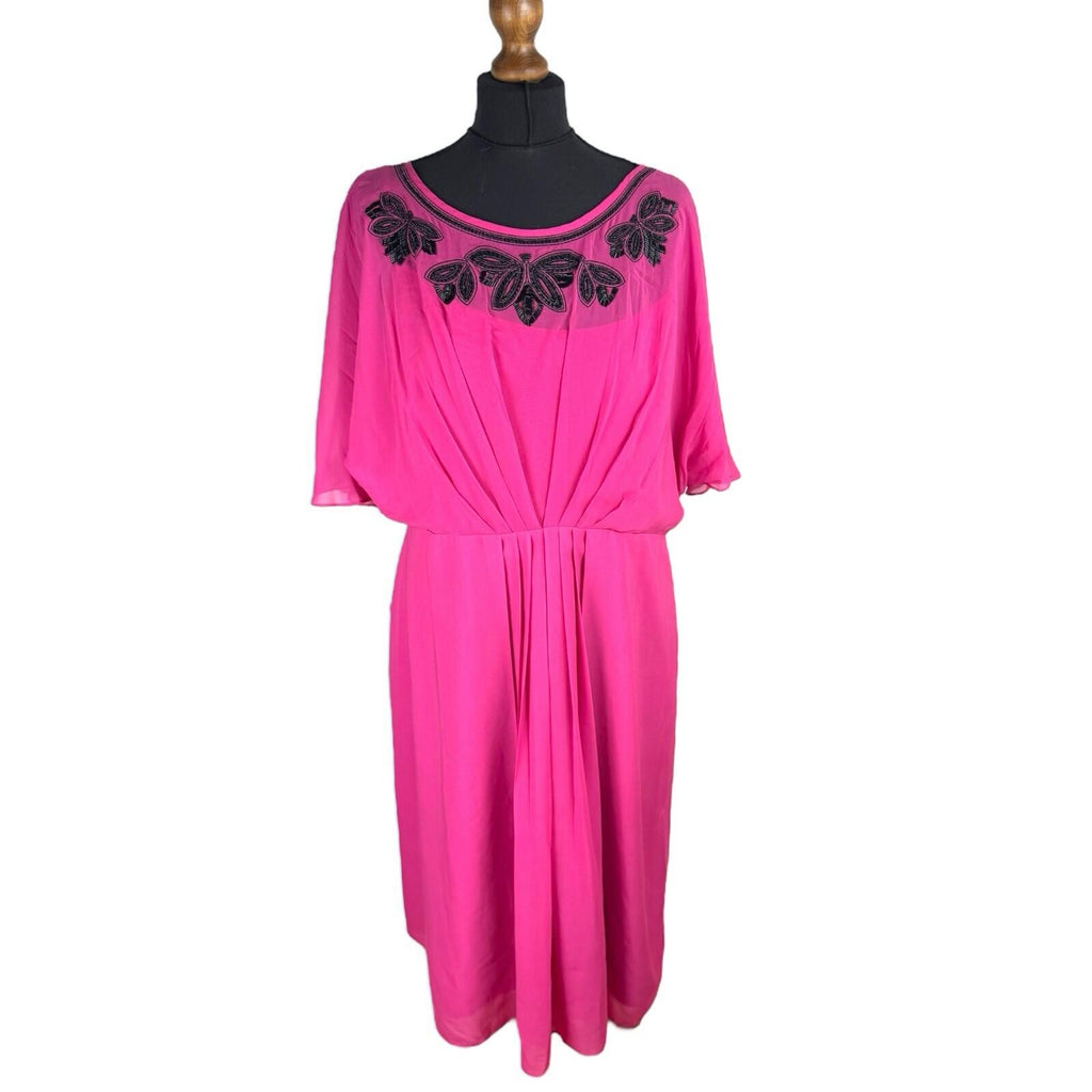 Monsoon Bright Pink Chiffon Midi Dress Beaded Women’s UK Size 16
