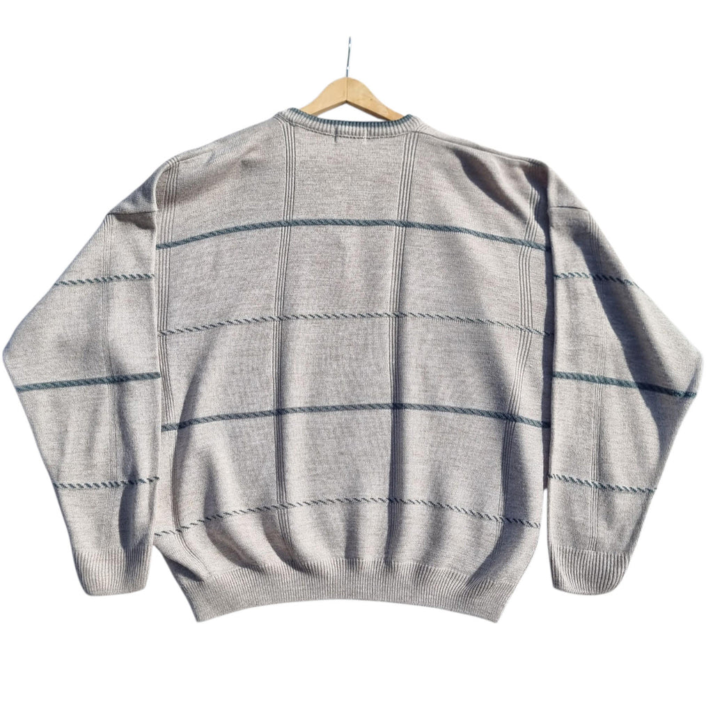 BHS Knit Jumper Men's UK Size L Beige Striped 100% Acrilic V-Neck