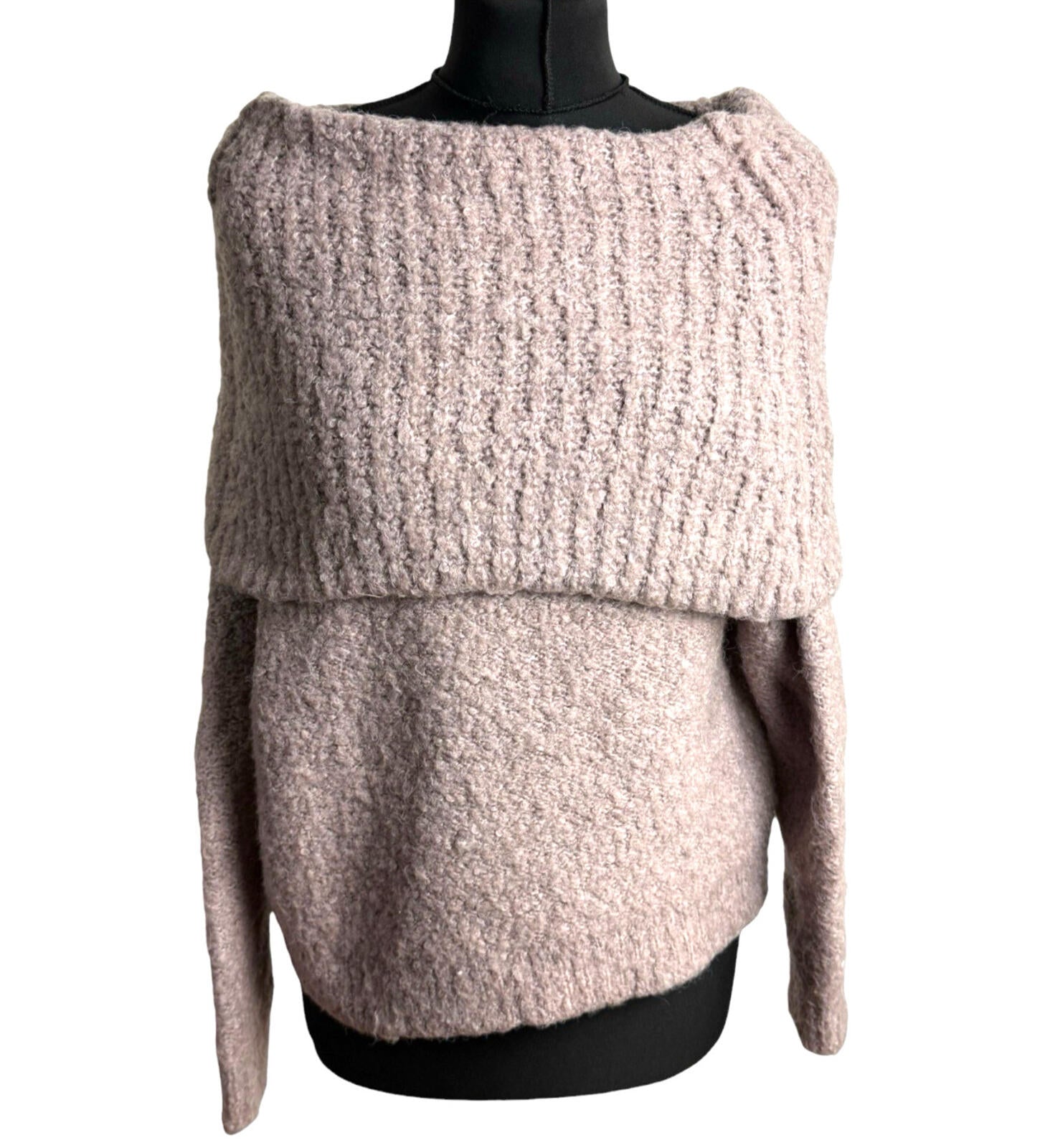 Papaya Off Shoulder Jumper Women’s UK Size M Wool Effect 3/4 Sleeve Dusky Pink