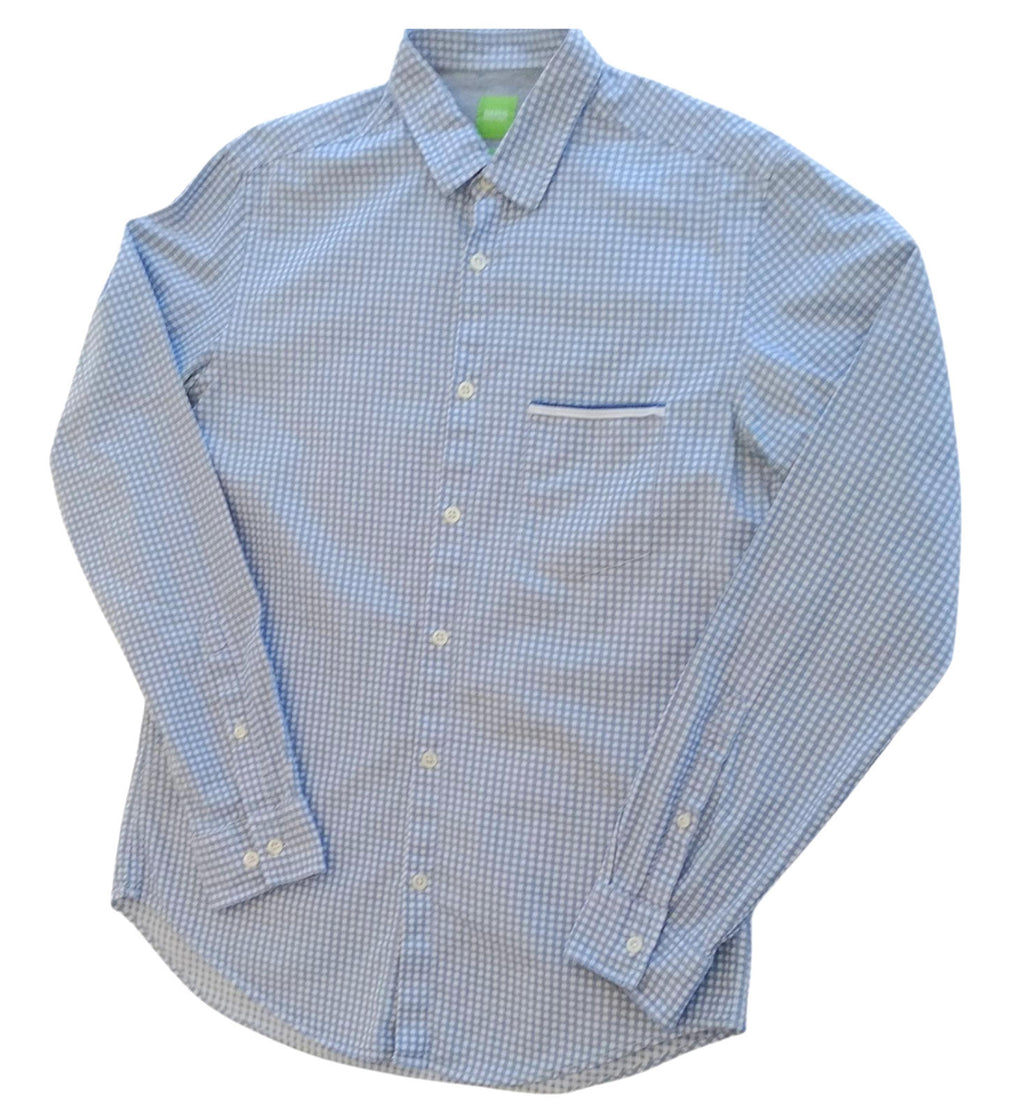 Hugo Boss Shirt Men's UK Size M Long Sleeve Blue Check 100% Cotton Pocket Modern