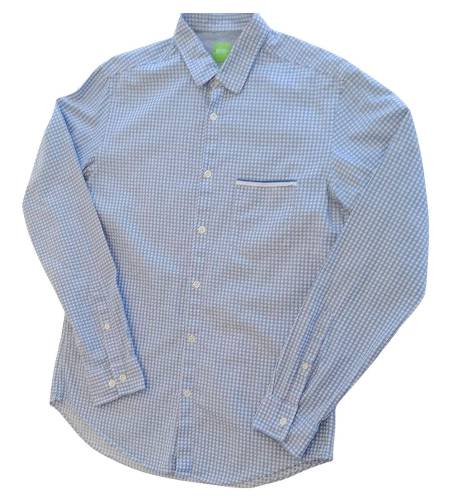 Hugo Boss Shirt Men's UK Size M Long Sleeve Blue Check 100% Cotton Pocket Modern