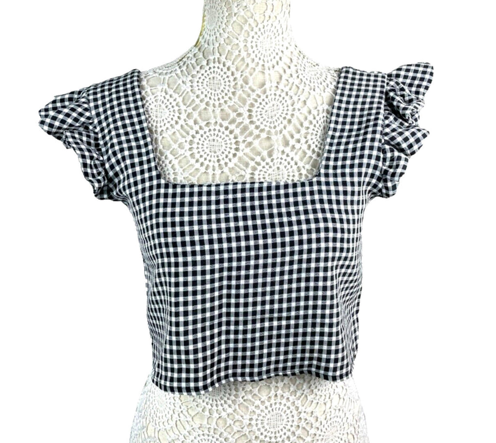 Gingham Ruffle Sleeve Square Neck Blouse Women’s UK Size 8 Cropped Black & White