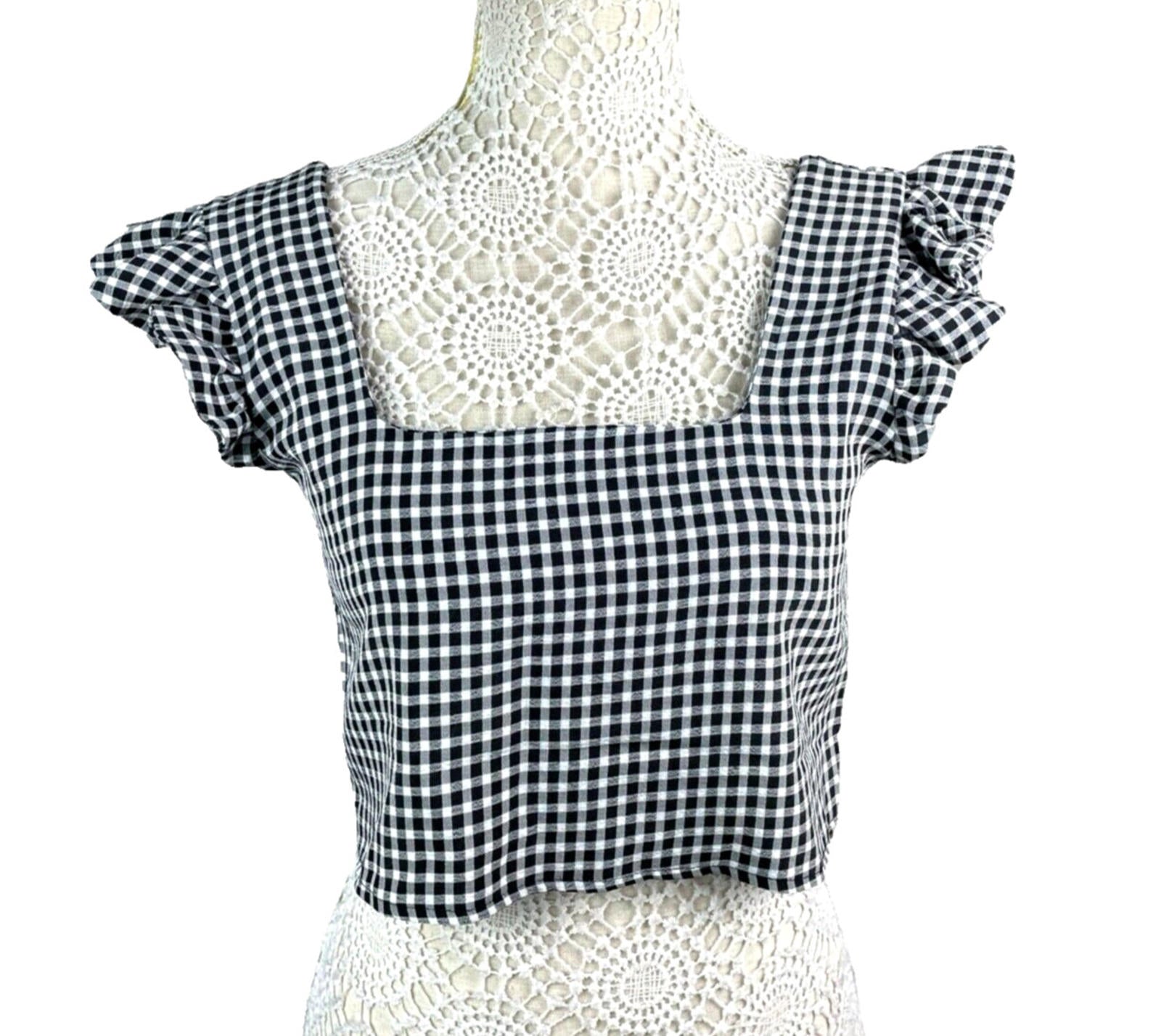 Gingham Ruffle Sleeve Square Neck Blouse Women’s UK Size 8 Cropped Black & White