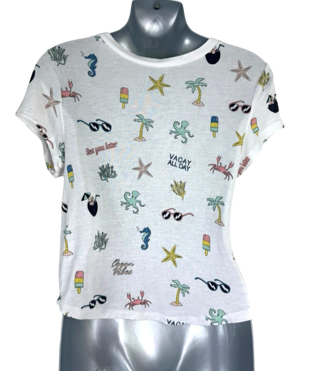Divided Printed T-Shirt Crop Top Women’s UK Size S Short Sleeve Holiday Print