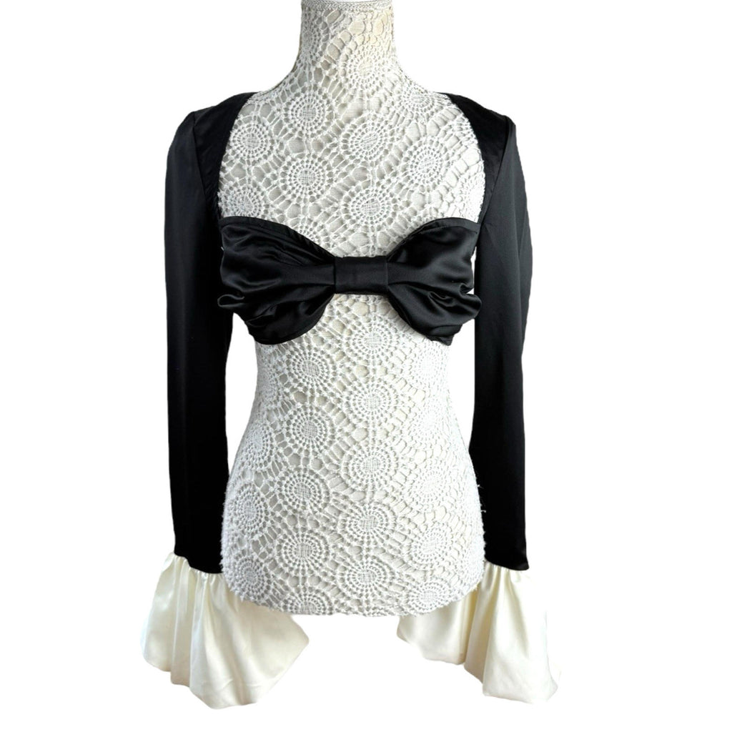 Pretty Little Thing Black Satin Croptop Puffball Sleeve Women’s UK Size 8
