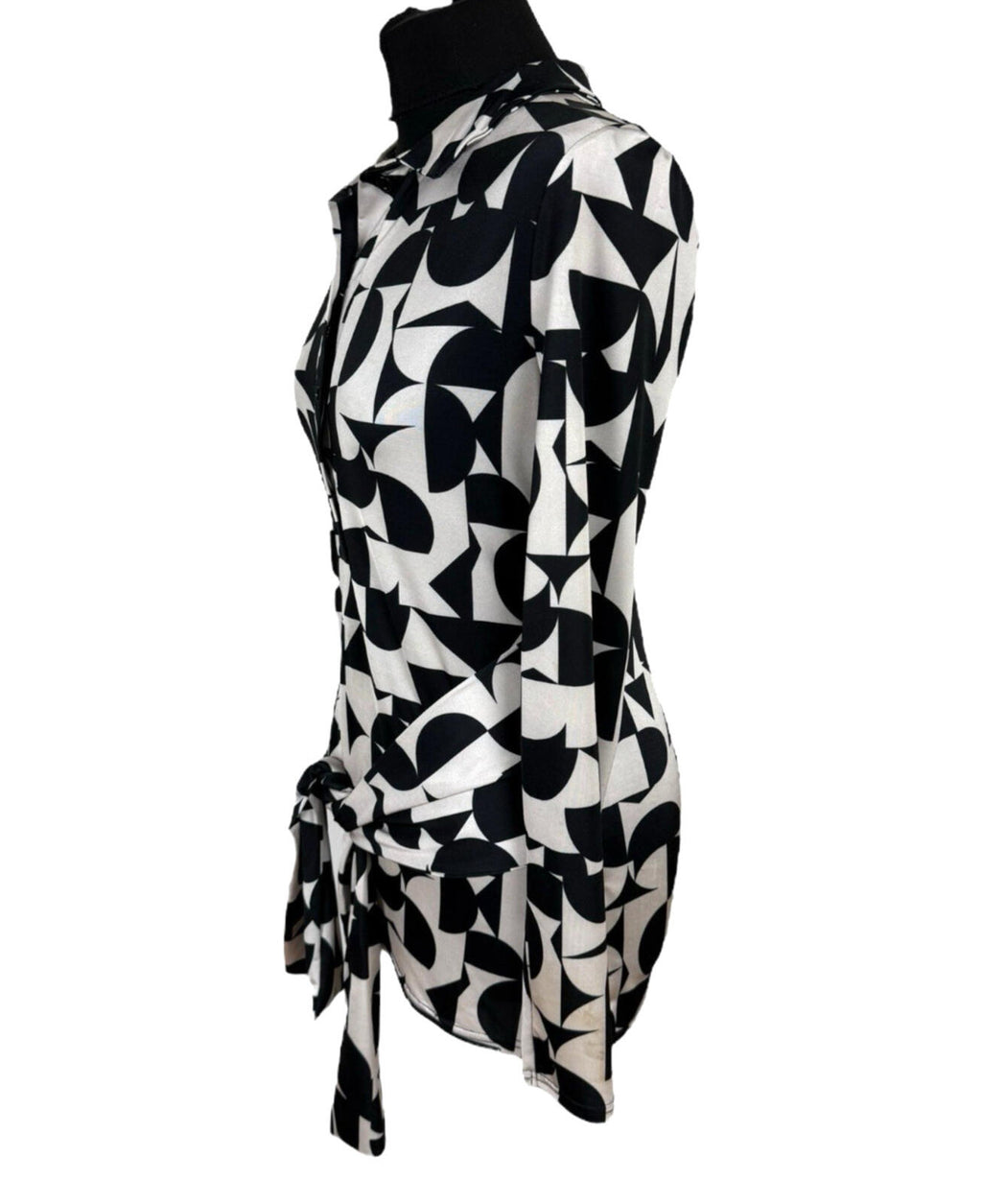 River Island Blouse Women’s UK Size 10 Black White Graphic Print Belted Collared
