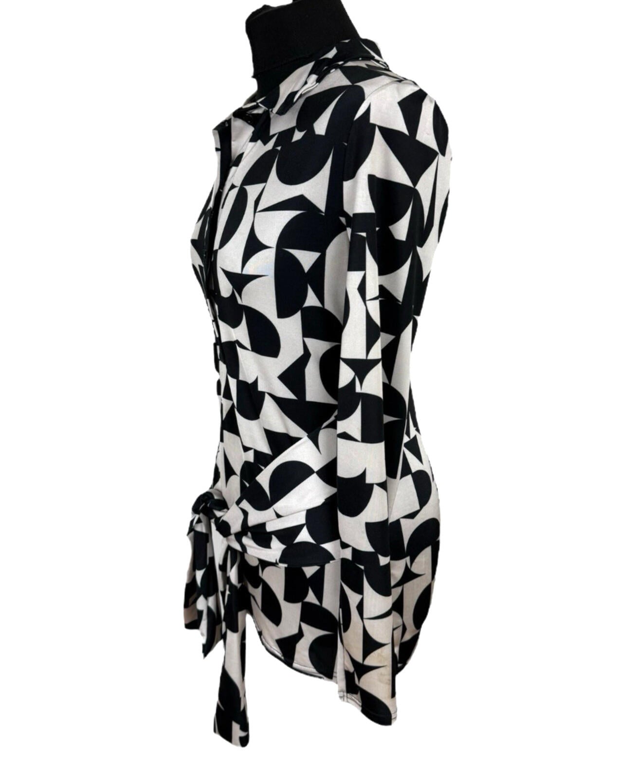 River Island Blouse Women’s UK Size 10 Black White Graphic Print Belted Collared