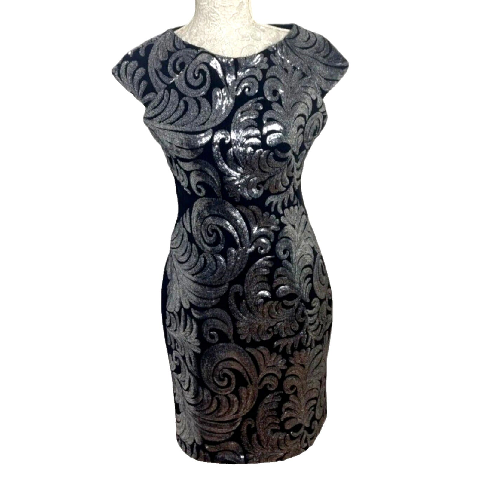 Amy Childs Black Midi Dress Silver Sequin Leaf Detail Women's UK Size 14