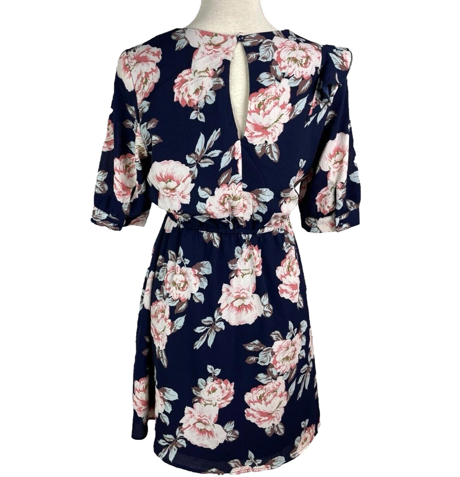 Urban Bliss Midi Dress Navy Floral High Neck Elastic Waist Women’s UK Size 10