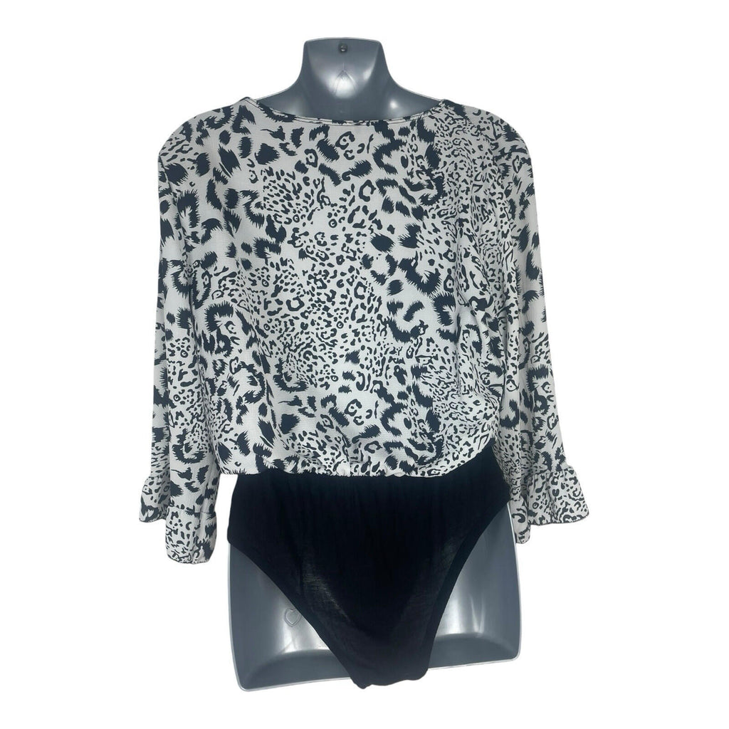 Boohoo Animal Print Bodysuit Top Women’s UK Size S Long Sleeve White Black