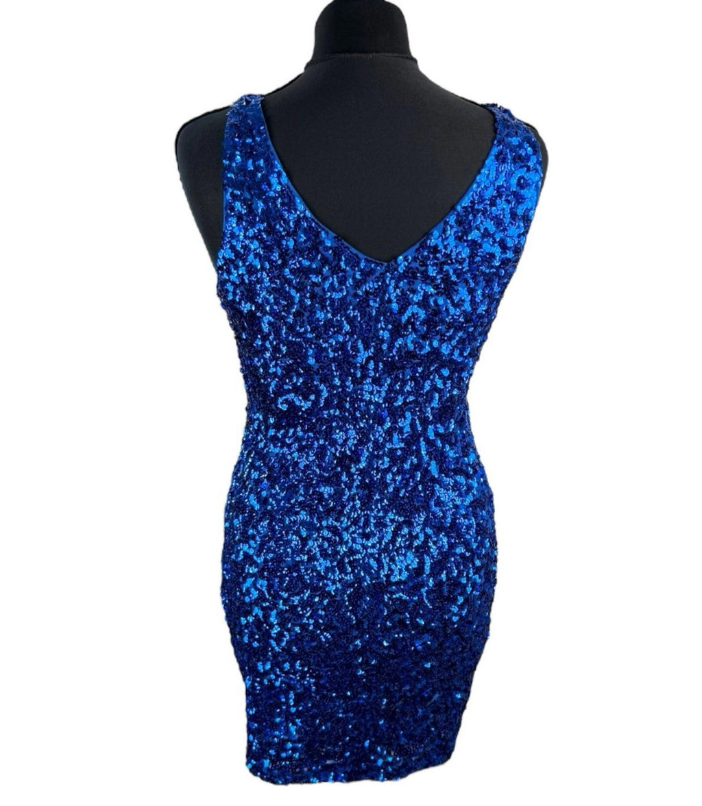 Sequin Cocktail Dress Women’s UK Size XL Bodycon V Neck Party Mini Blue Sparkle