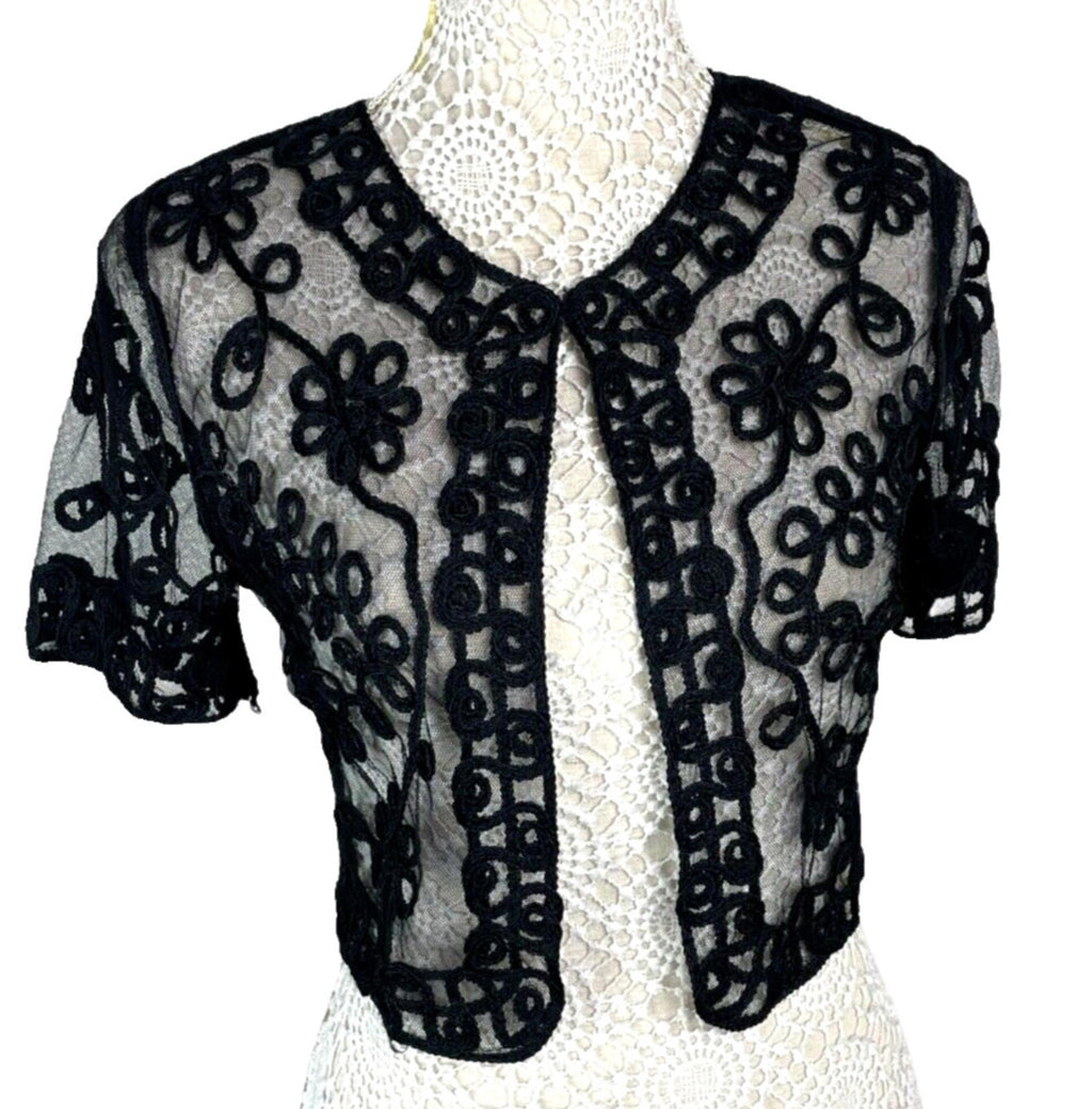 Quiz Sheer Lace Black Cropped Cardigan Floral Mesh Women’s UK Size S