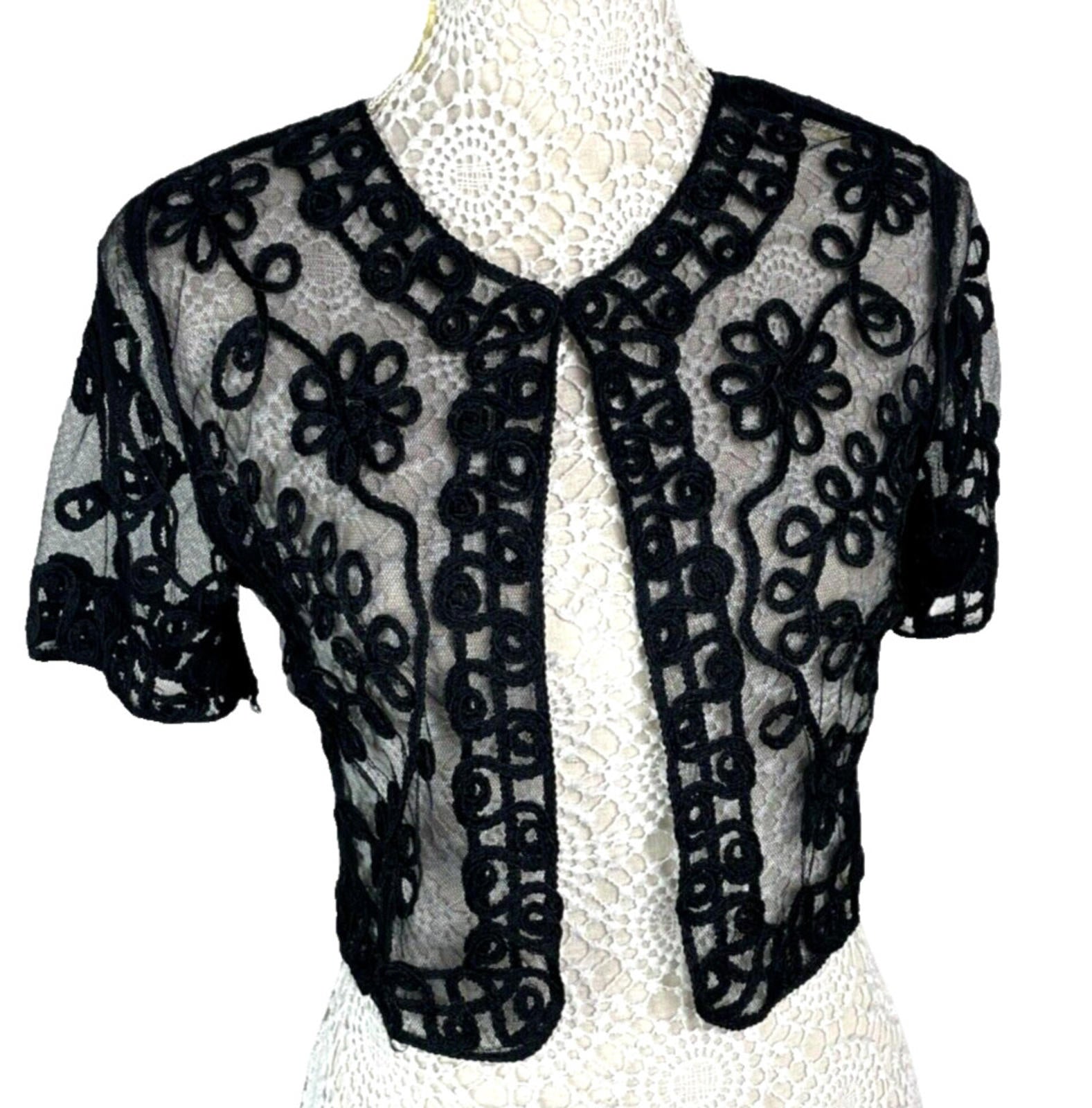 Quiz Sheer Lace Black Cropped Cardigan Floral Mesh Women’s UK Size S