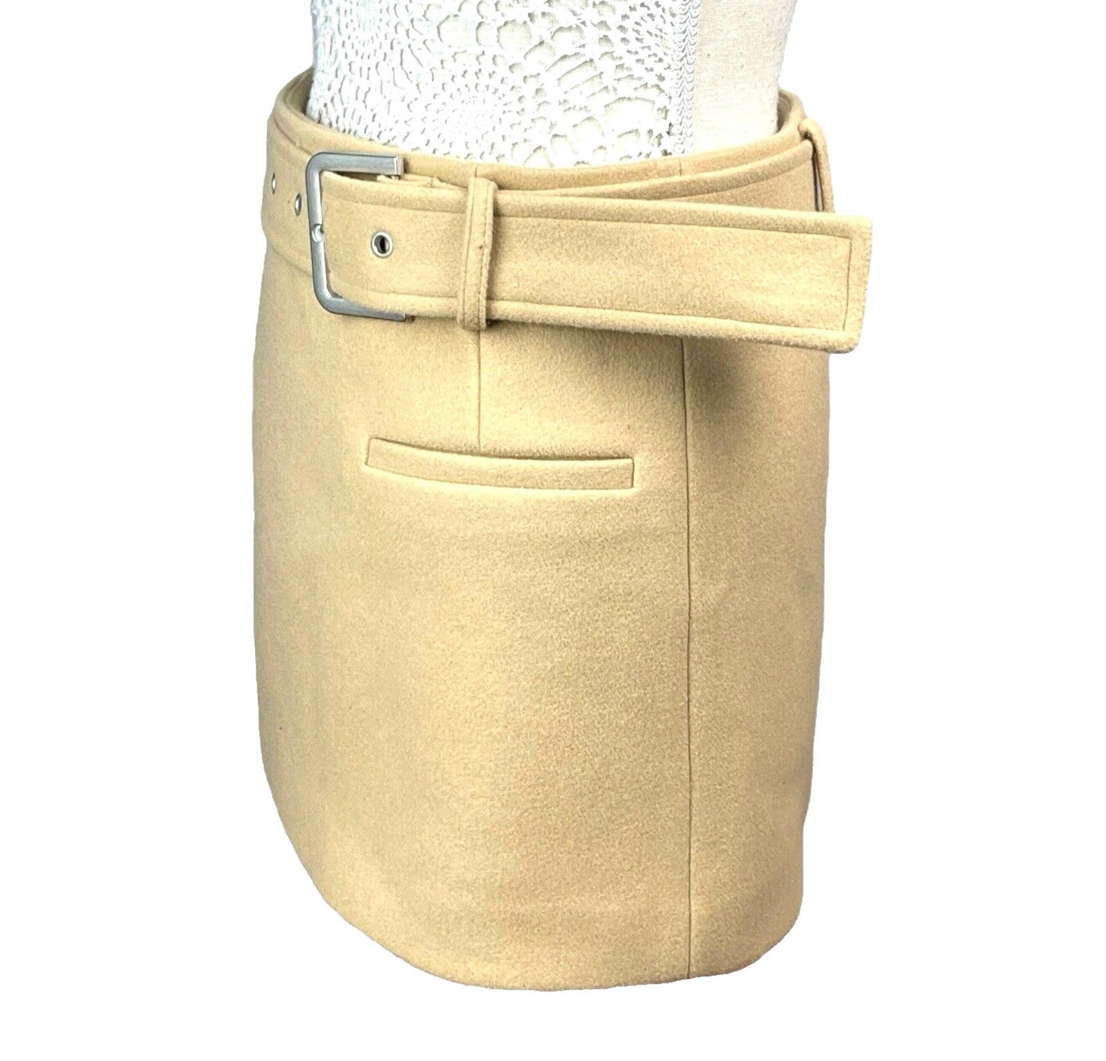 Nasty Gal Belted Mini Skirt Women’s UK Size 10 Beige Woolen Style A-Line Pockets